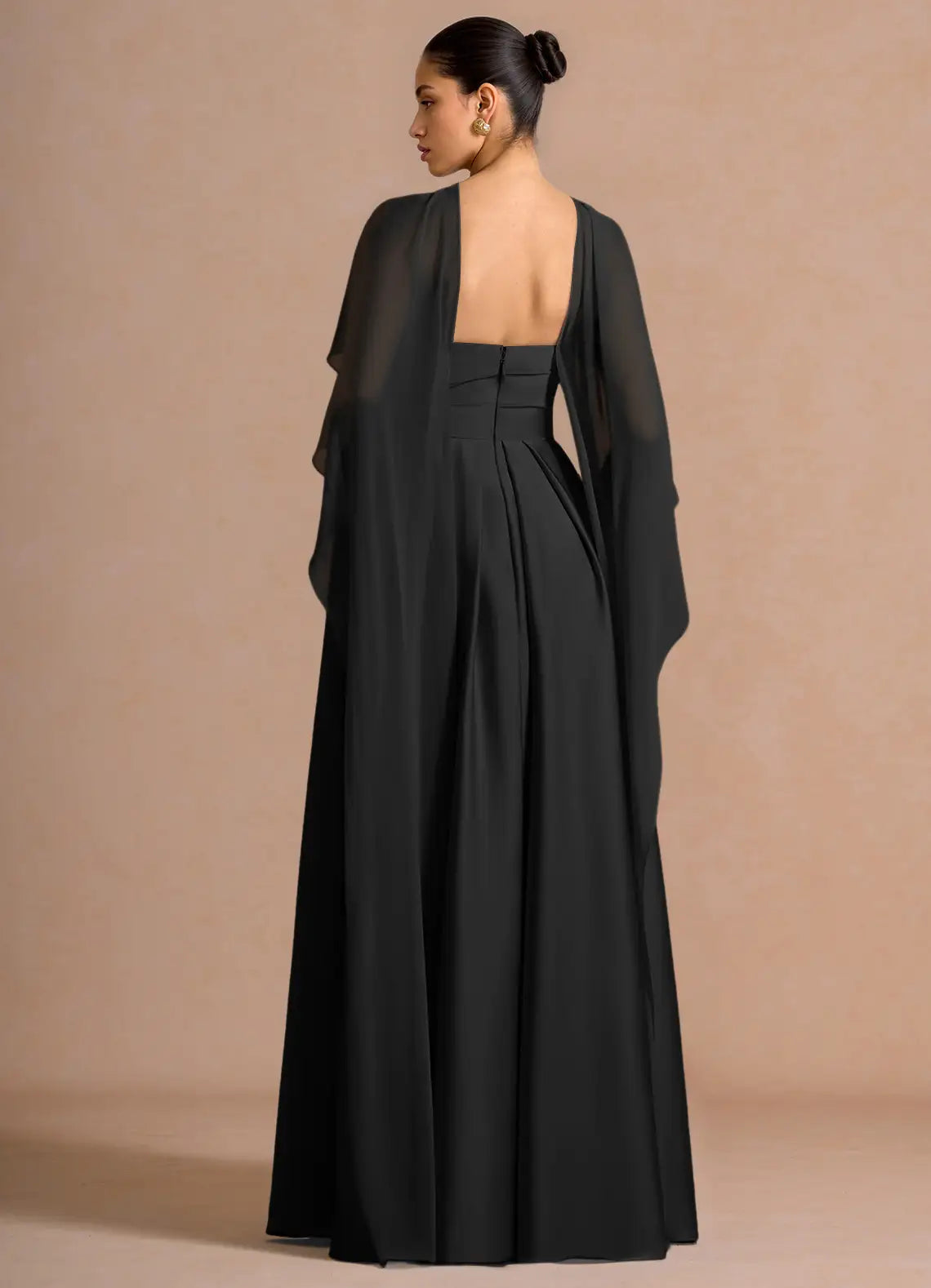 Black Convertible Chiffon Cape Spaghetti Strap Sweetheart A-Line Maxi Bridesmaid Dress