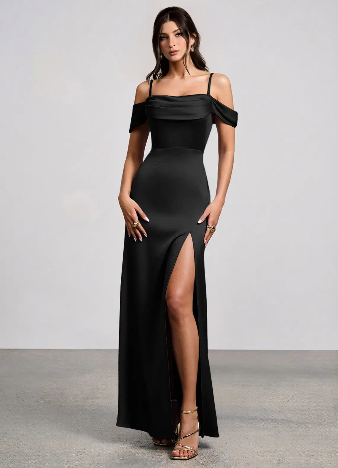Black Convertible Off Shoulder Spaghetti Strap Slit Mermaid Maxi Wedding Guest Dress