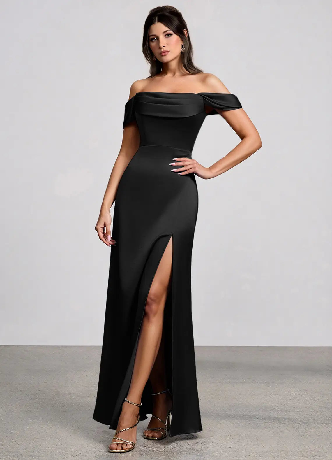 Black Convertible Off Shoulder Spaghetti Strap Slit Mermaid Maxi Wedding Guest Dress