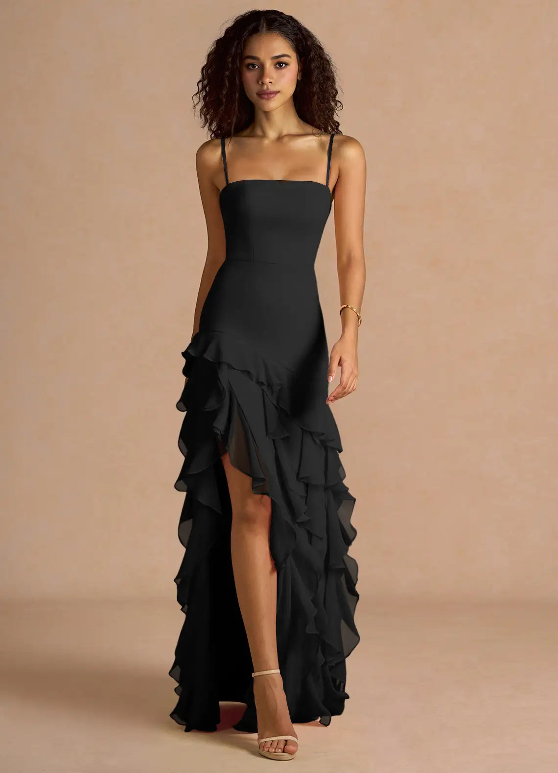 Black Convertible Spaghetti Strap Strapless Asymmetrical Ruffle High Slit Maxi Dress