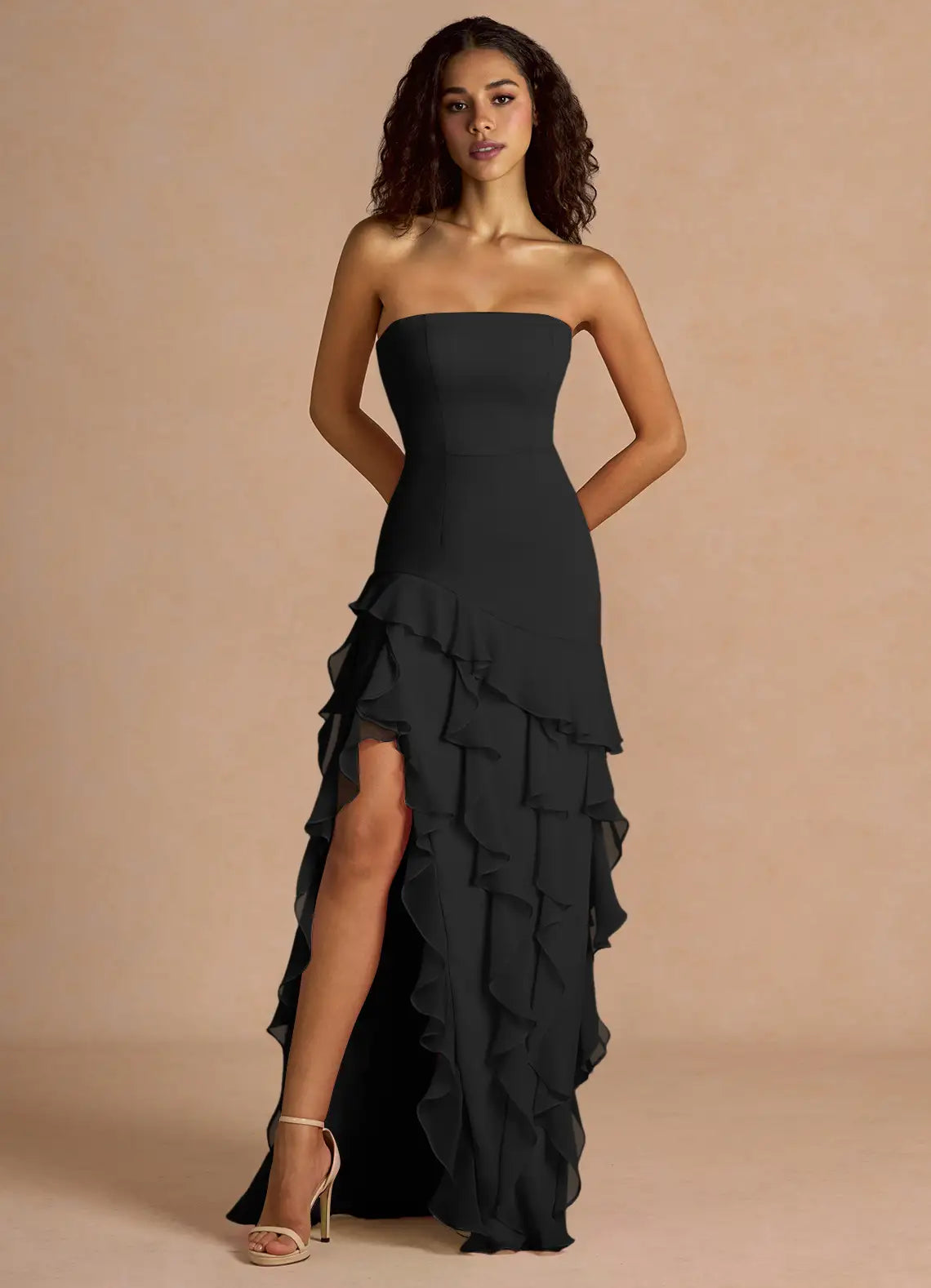 Black Convertible Spaghetti Strap Strapless Asymmetrical Ruffle High Slit Maxi Dress