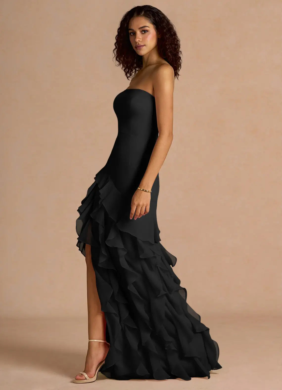 Black Convertible Spaghetti Strap Strapless Asymmetrical Ruffle High Slit Maxi Dress