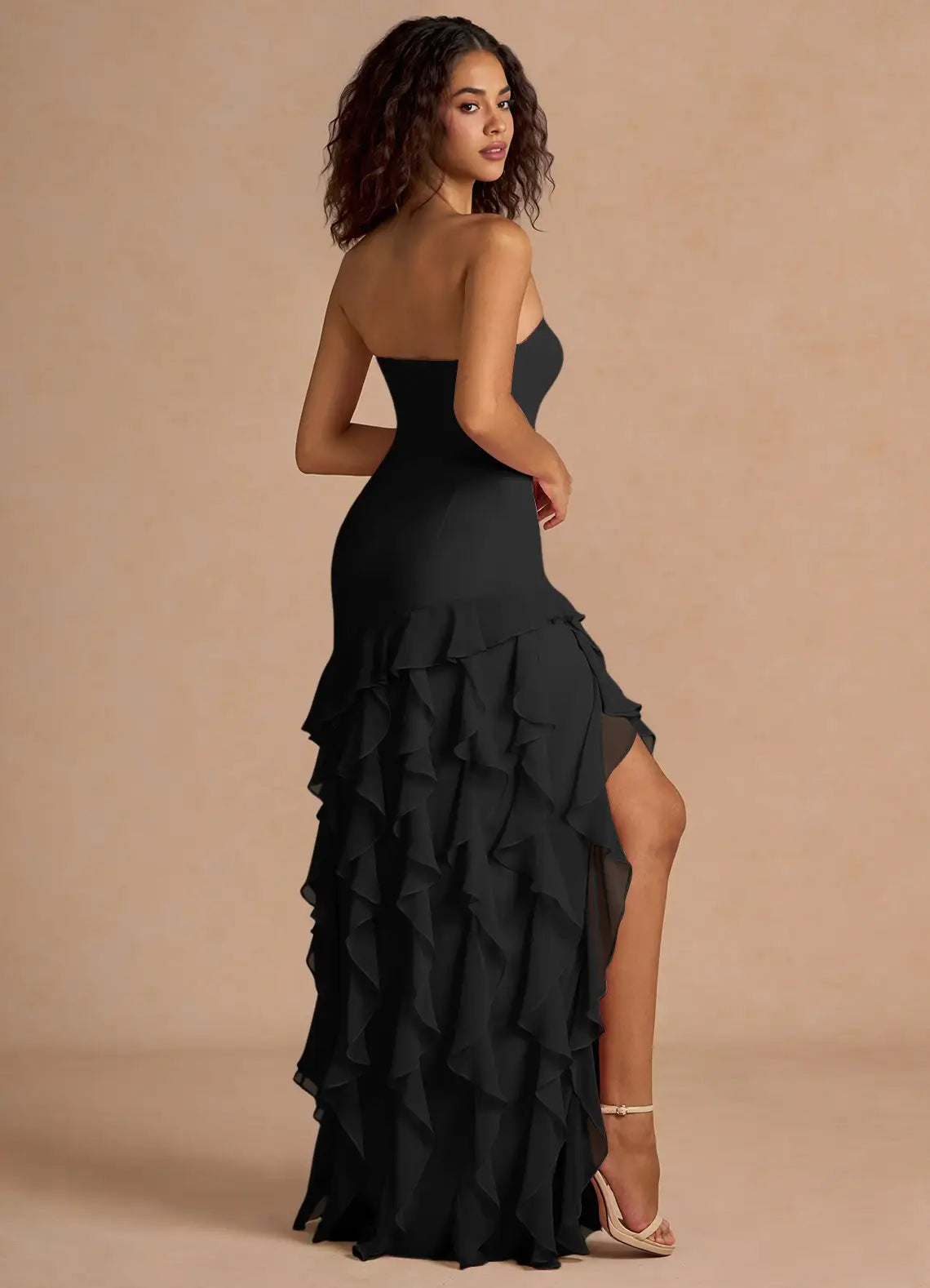 Black Convertible Spaghetti Strap Strapless Asymmetrical Ruffle High Slit Maxi Dress