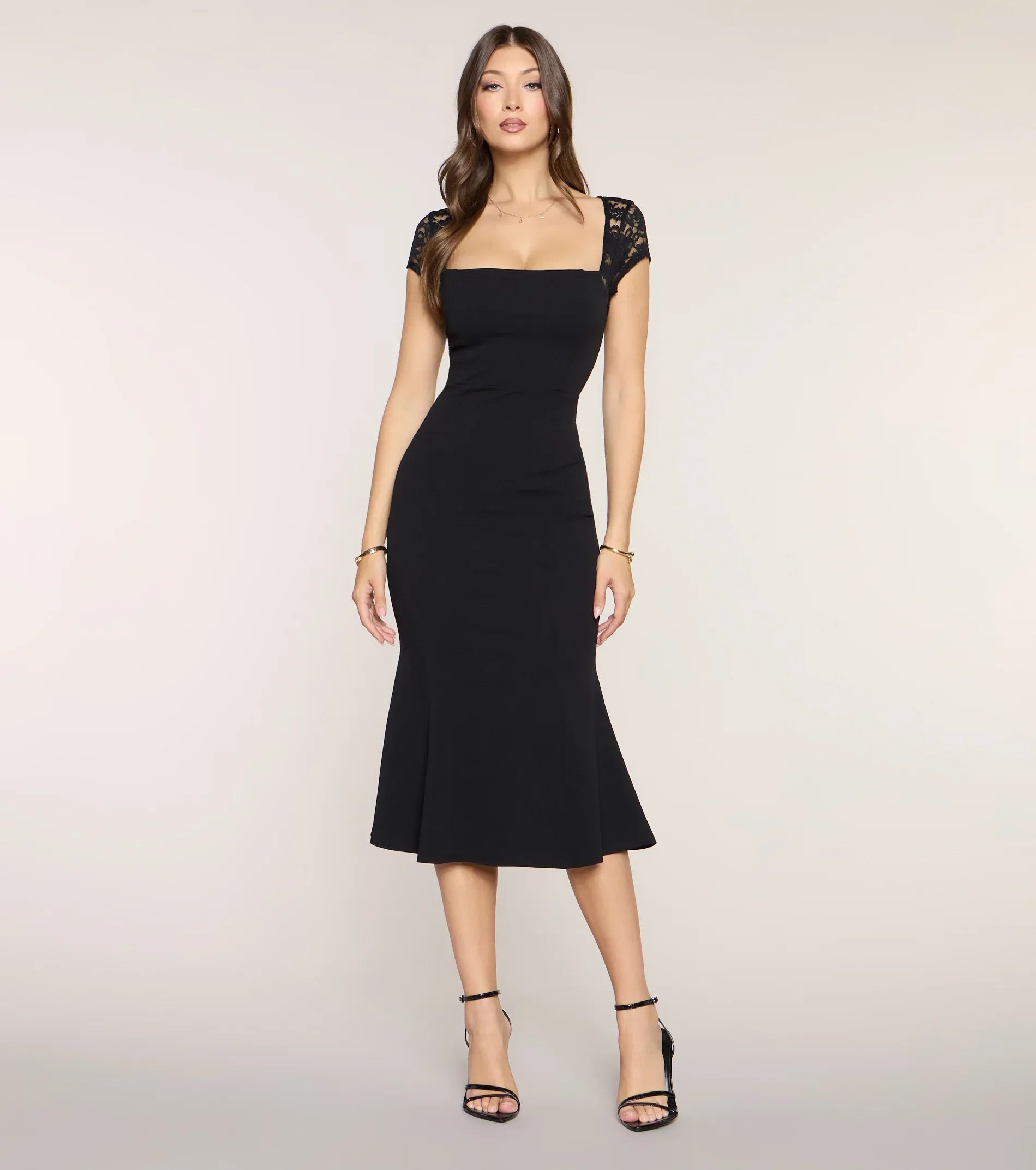Black Crepe Square Neck Lace Cap Sleeve Open Back Midi Wedding Guest Dress