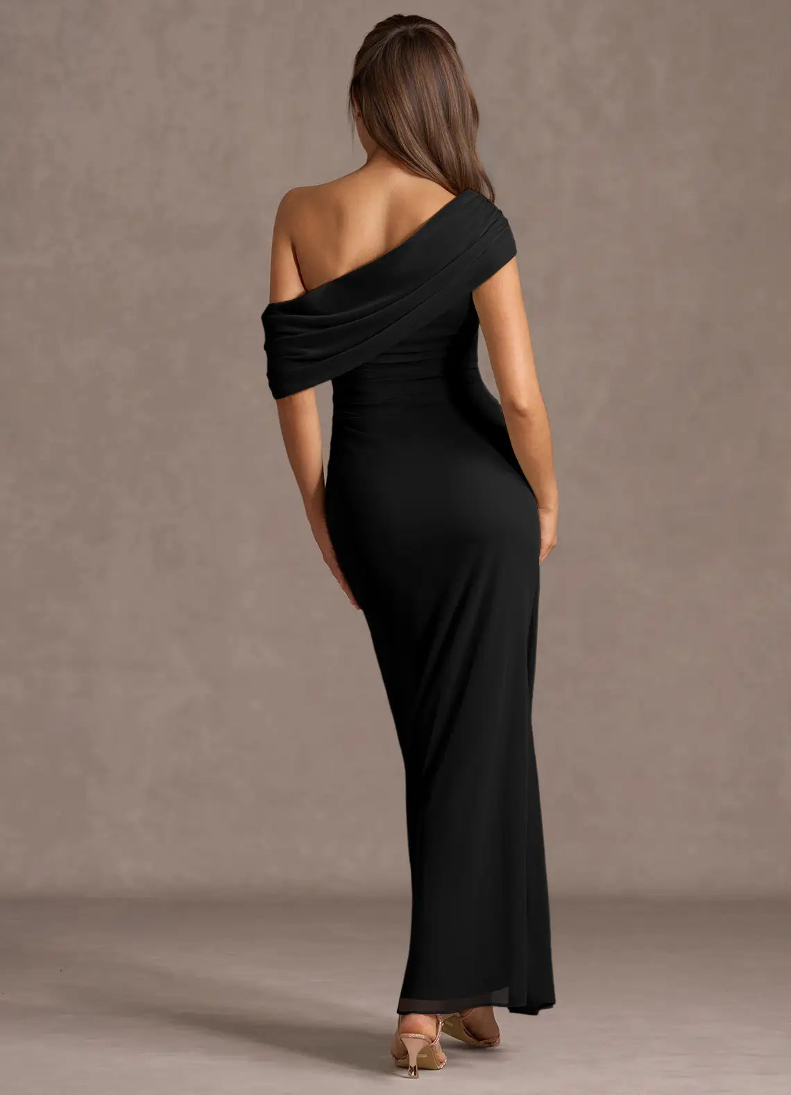 Black Floor-Length Draped One-Shoulder Corset Twist Mermaid Wedding Guest Dress