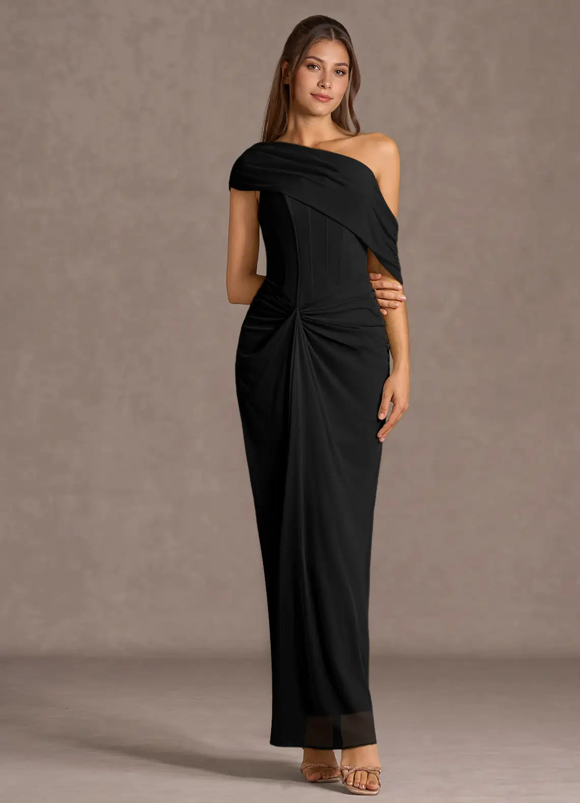 Black Floor-Length Draped One-Shoulder Corset Twist Mermaid Wedding Guest Dress
