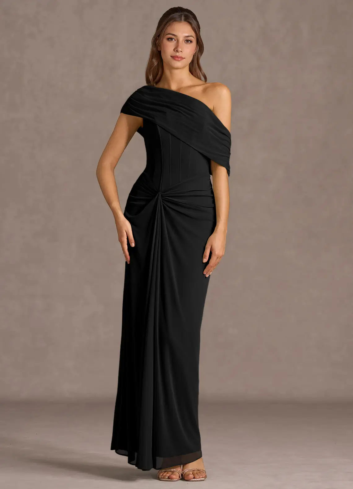Black Floor-Length Draped One-Shoulder Corset Twist Mermaid Wedding Guest Dress