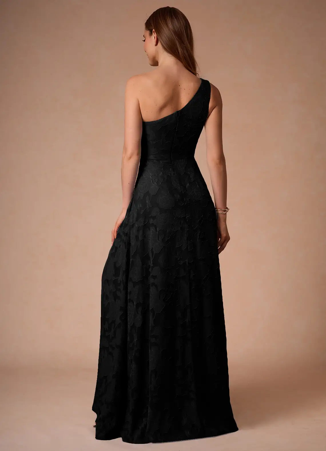 Black Floor-Length One-Shoulder Floral Jacquard Ruched High-Slit Wedding Guest Dress