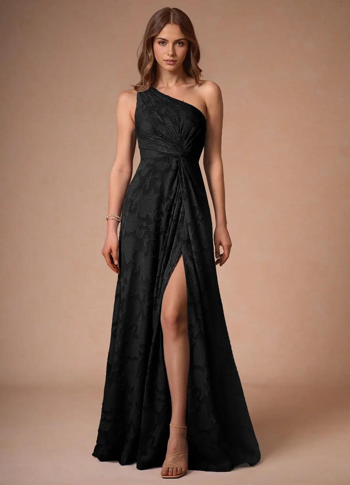 Black Floor-Length One-Shoulder Floral Jacquard Ruched High-Slit Wedding Guest Dress