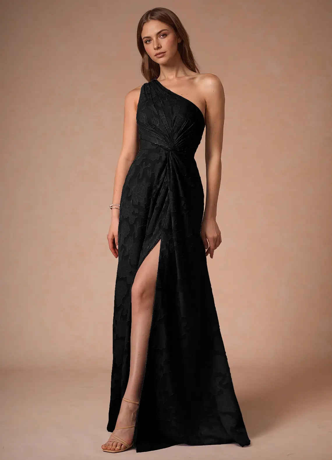 Black Floor-Length One-Shoulder Floral Jacquard Ruched High-Slit Wedding Guest Dress