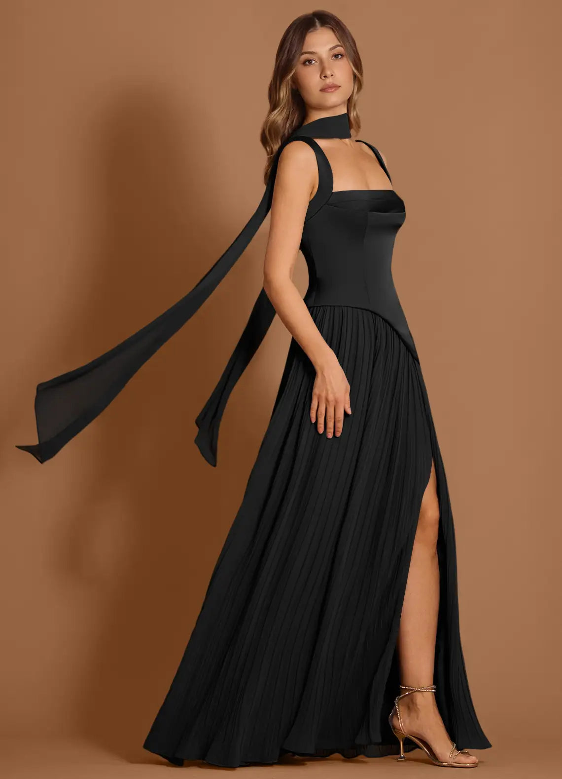 Black Floor-Length Square-Strap Satin Corset Pleated High-Slit Wedding Guest Dress