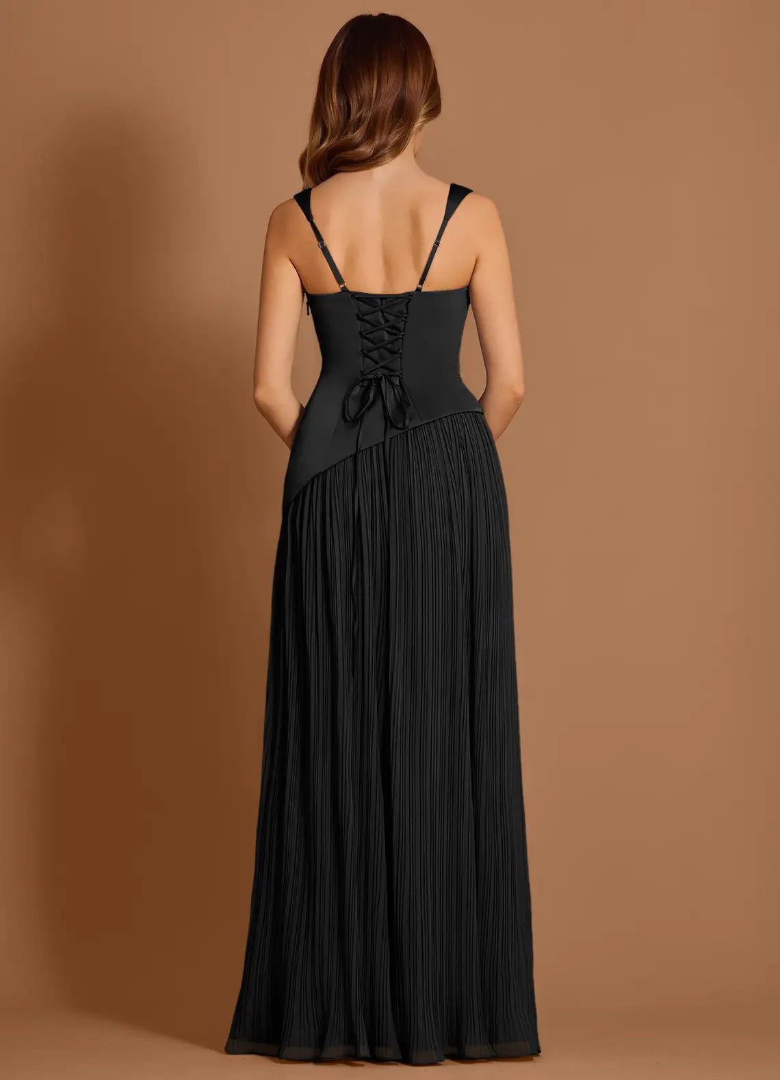 Black Floor-Length Square-Strap Satin Corset Pleated High-Slit Wedding Guest Dress