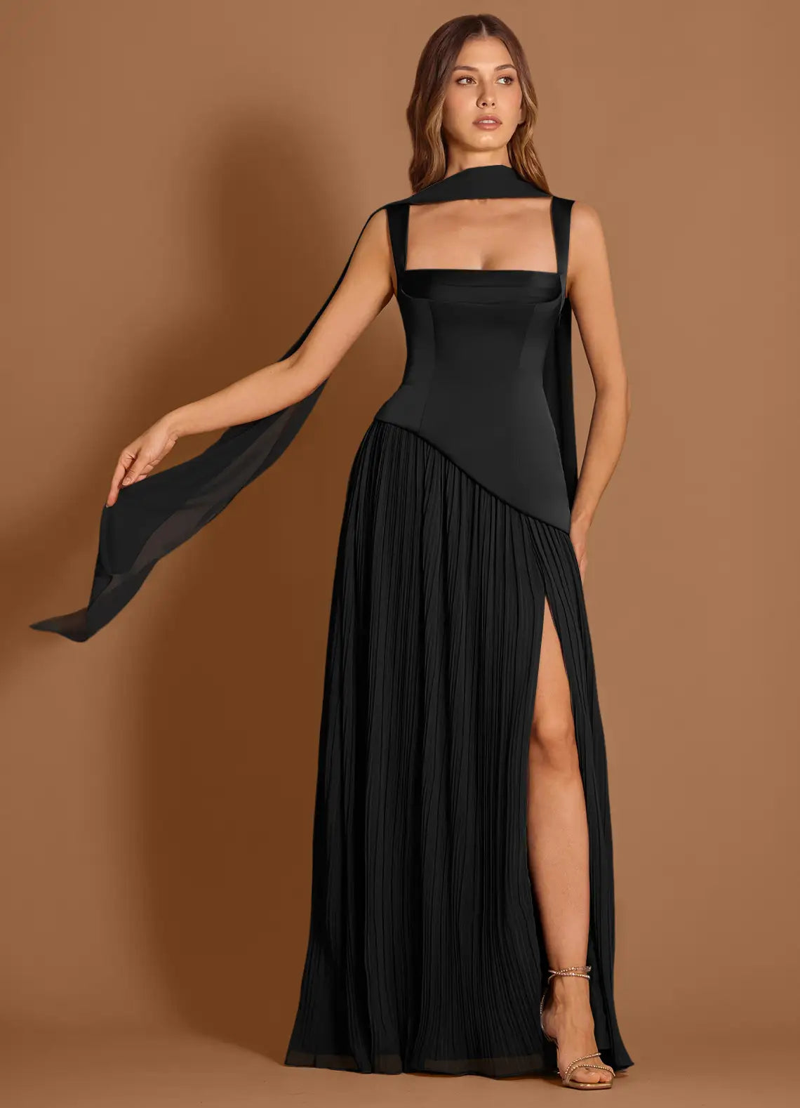 Black Floor-Length Square-Strap Satin Corset Pleated High-Slit Wedding Guest Dress