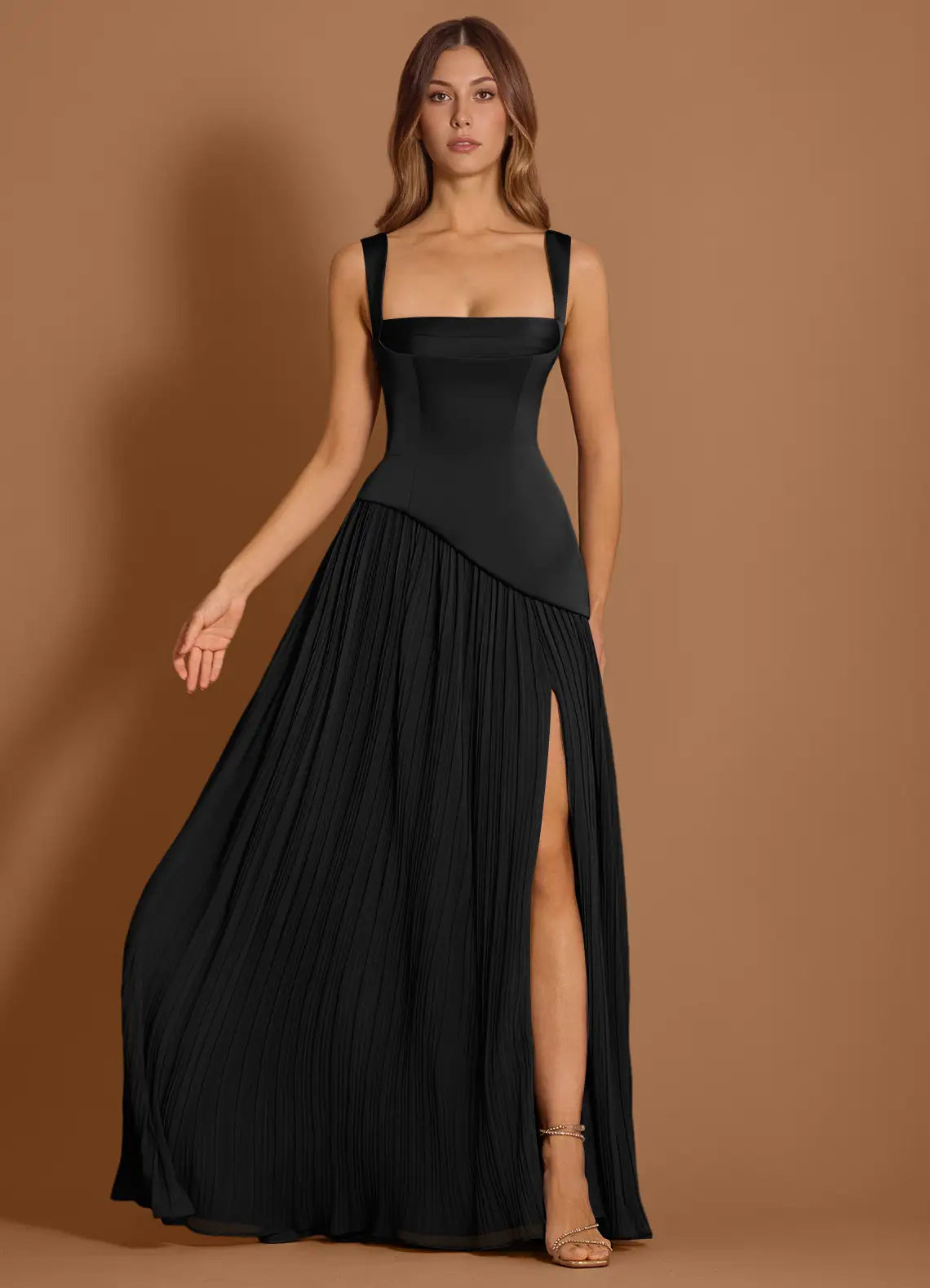 Black Floor-Length Square-Strap Satin Corset Pleated High-Slit Wedding Guest Dress