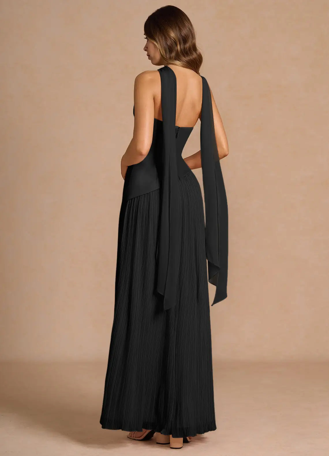 Black Floor-Length Strapless Asymmetrical Satin Pleated High-Slit Wedding Guest Dress