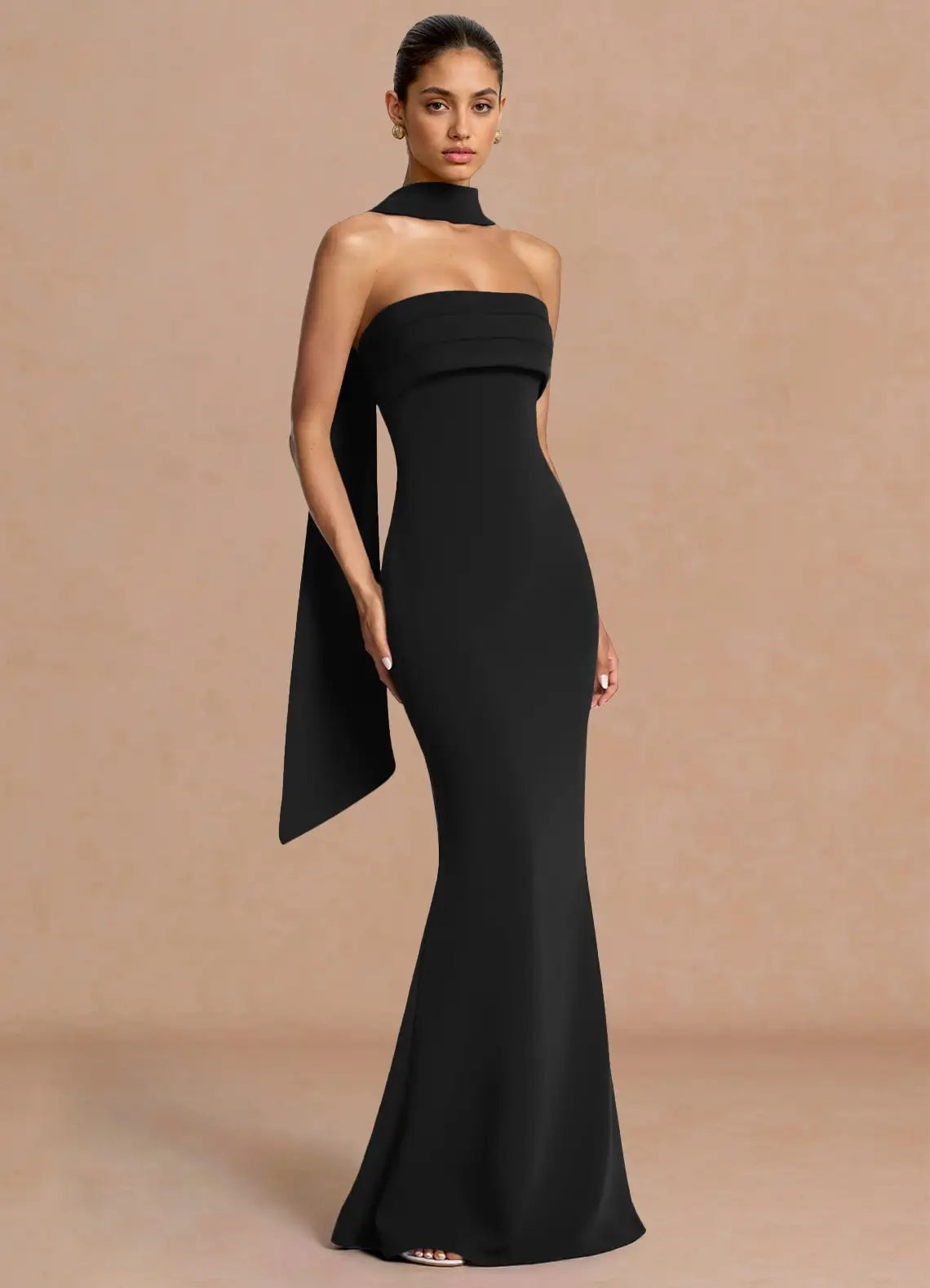 Black Floor-Length Strapless Choker Ribbon Mermaid Wedding Guest Dress