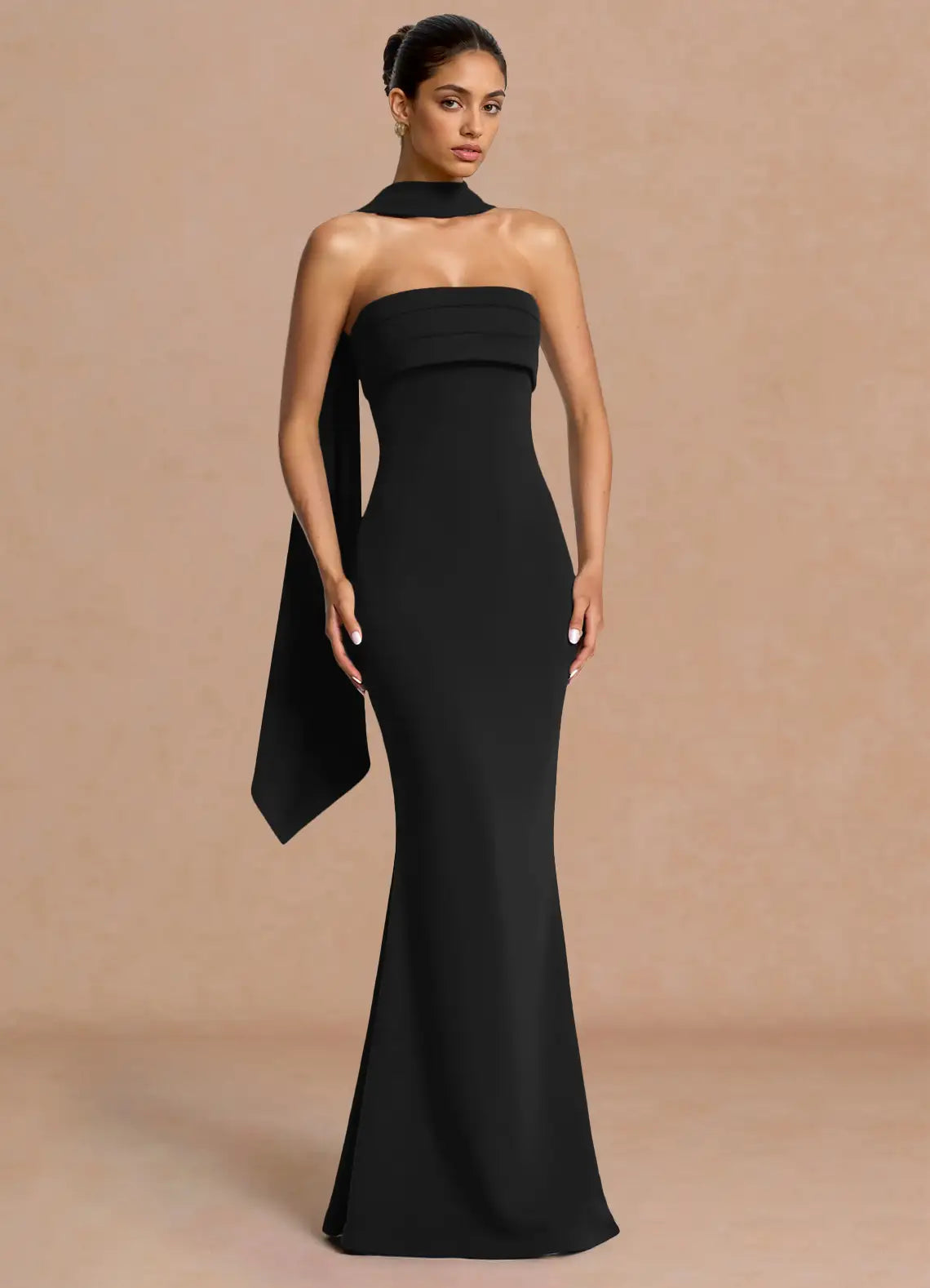 Black Floor-Length Strapless Choker Ribbon Mermaid Wedding Guest Dress