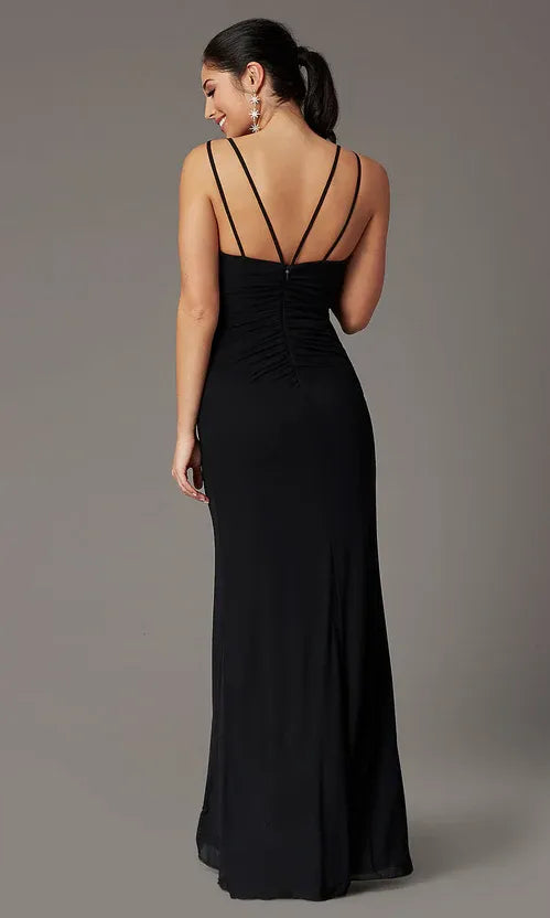 Black Floor-Length V-Neck Double-Strap Ruched High-Slit Mermaid Wedding Guest Dress