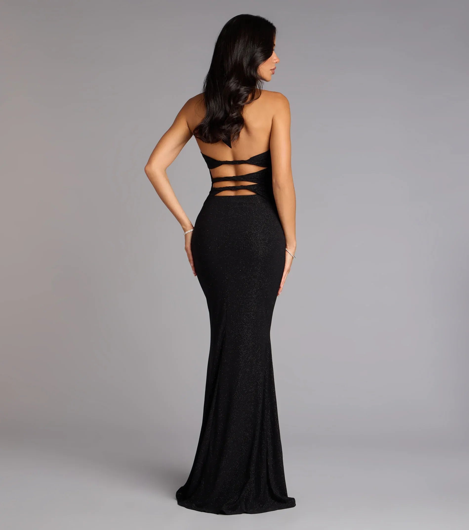 Black Glitter Mermaid Halter Deep V Strappy Cutout Back Floor Length Wedding Guest Dresses