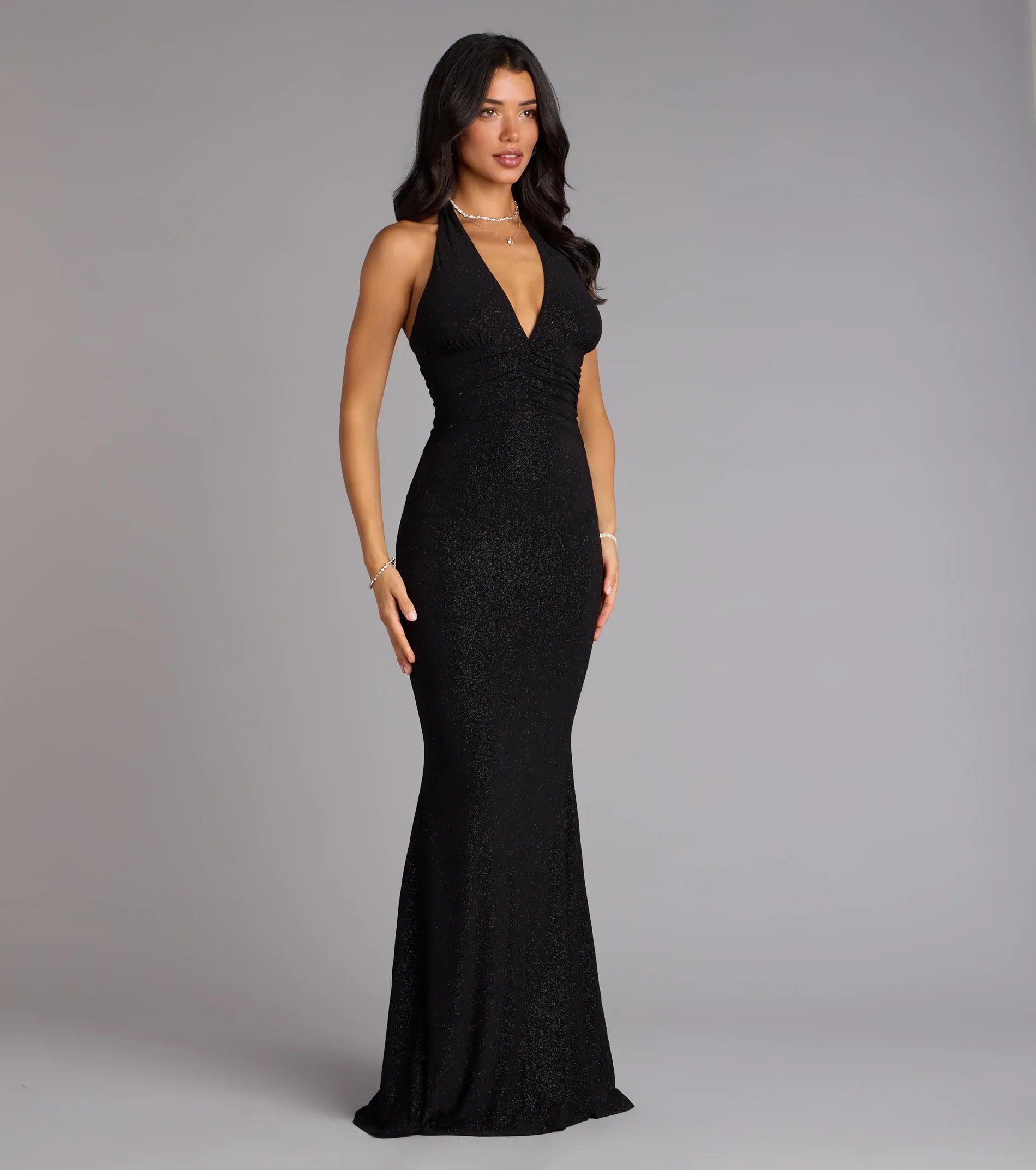 Black Glitter Mermaid Halter Deep V Strappy Cutout Back Floor Length Wedding Guest Dresses