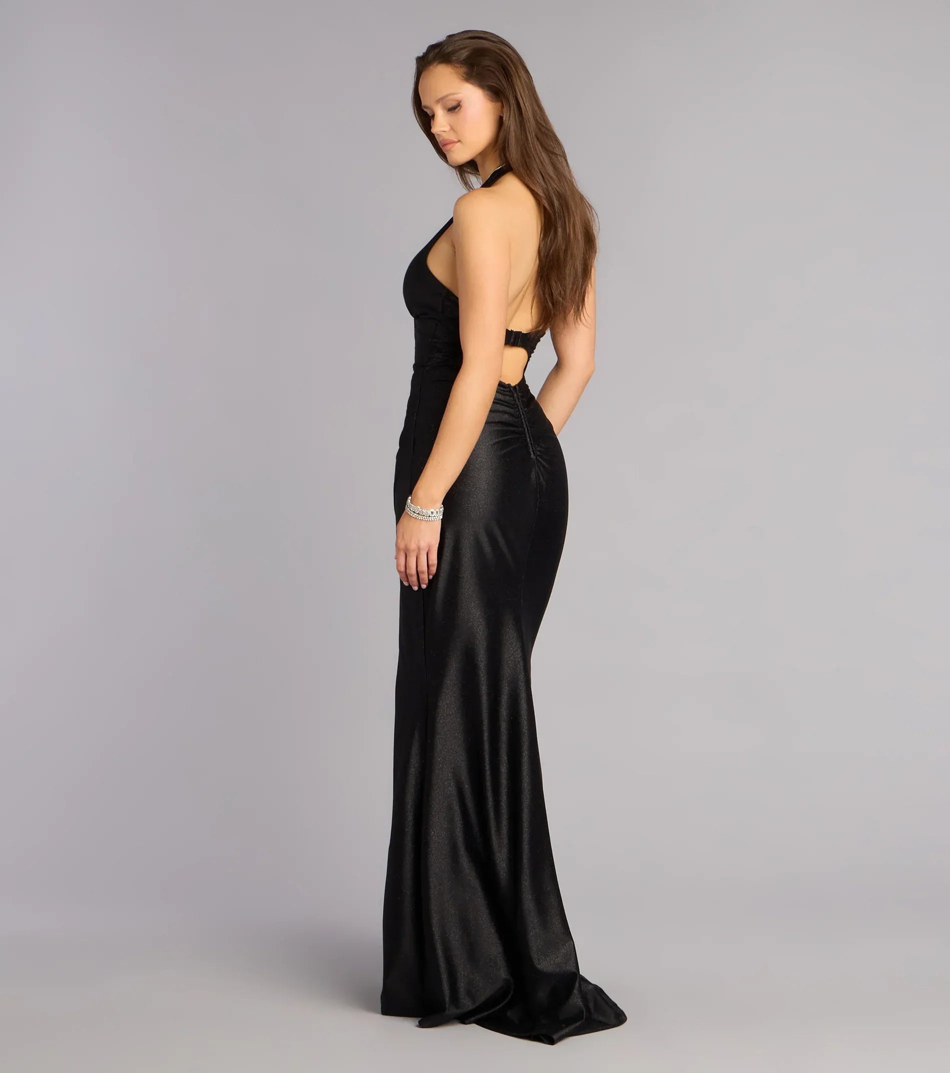 Black Halter Deep V Corset Ruched High Slit Satin Mermaid Maxi Wedding Guest Dress