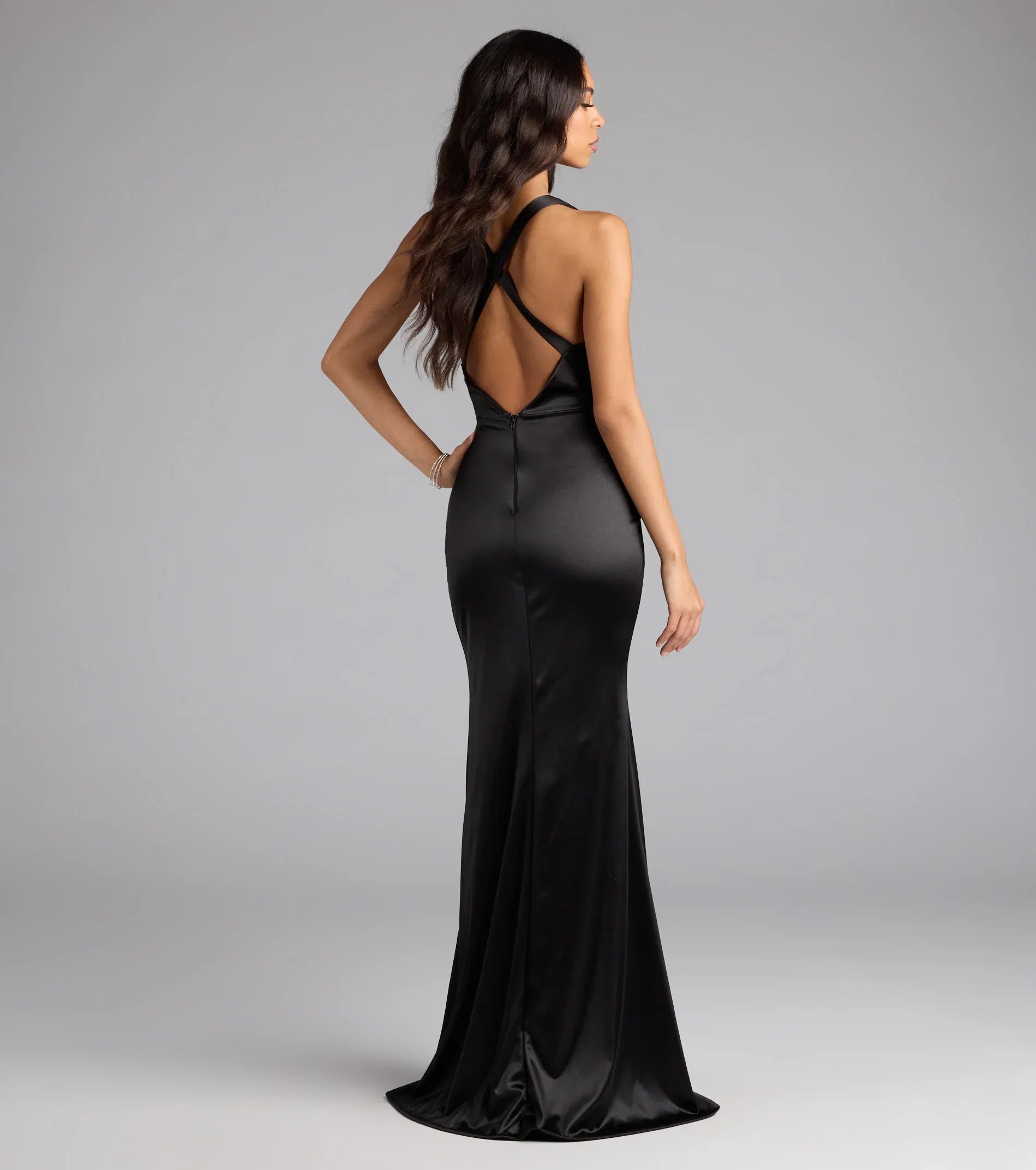 Black Halter Deep V Crisscross Back Ruched High Slit Satin Mermaid Maxi Wedding Guest Dress