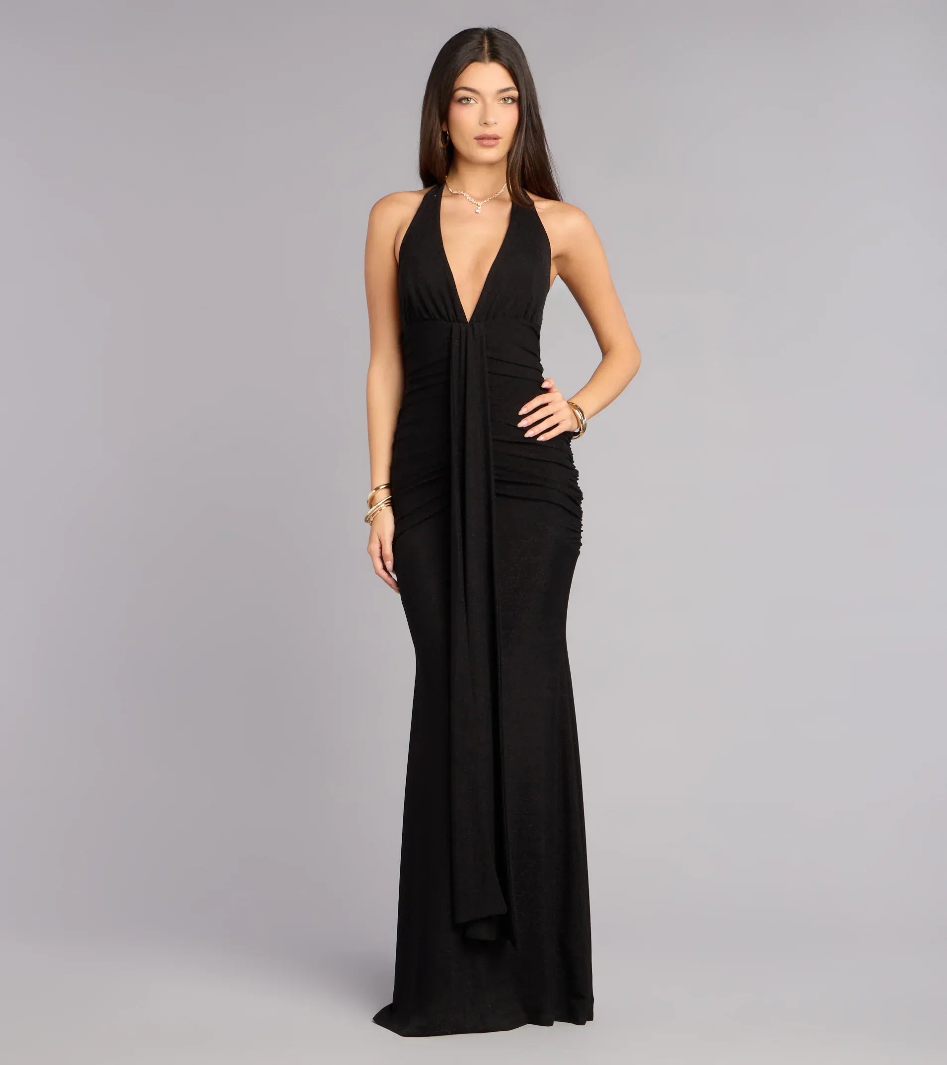 Black Halter Deep V-Neck Ruched Front Tie Mermaid Maxi Wedding Guest Dresses