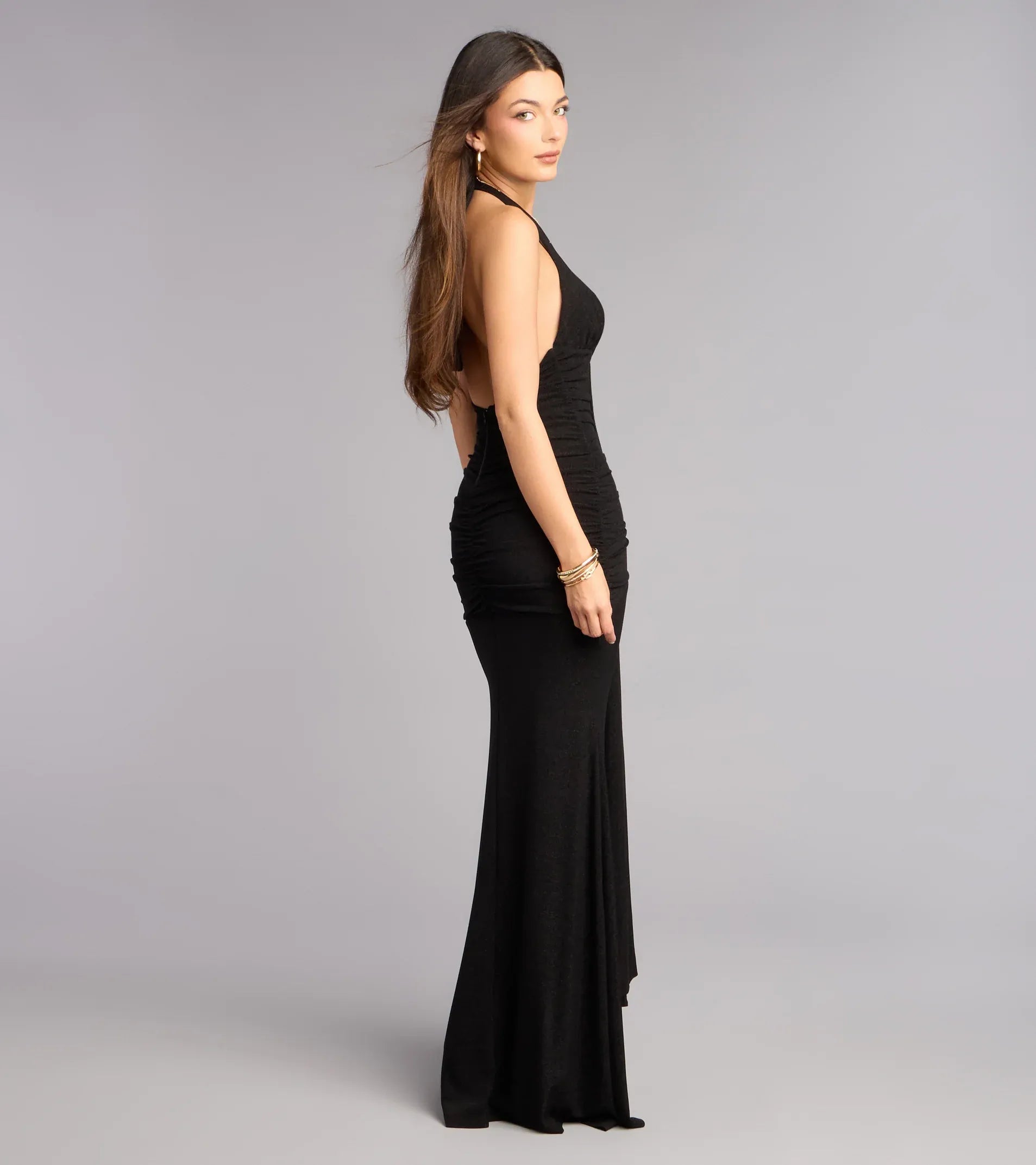 Black Halter Deep V-Neck Ruched Front Tie Mermaid Maxi Wedding Guest Dresses