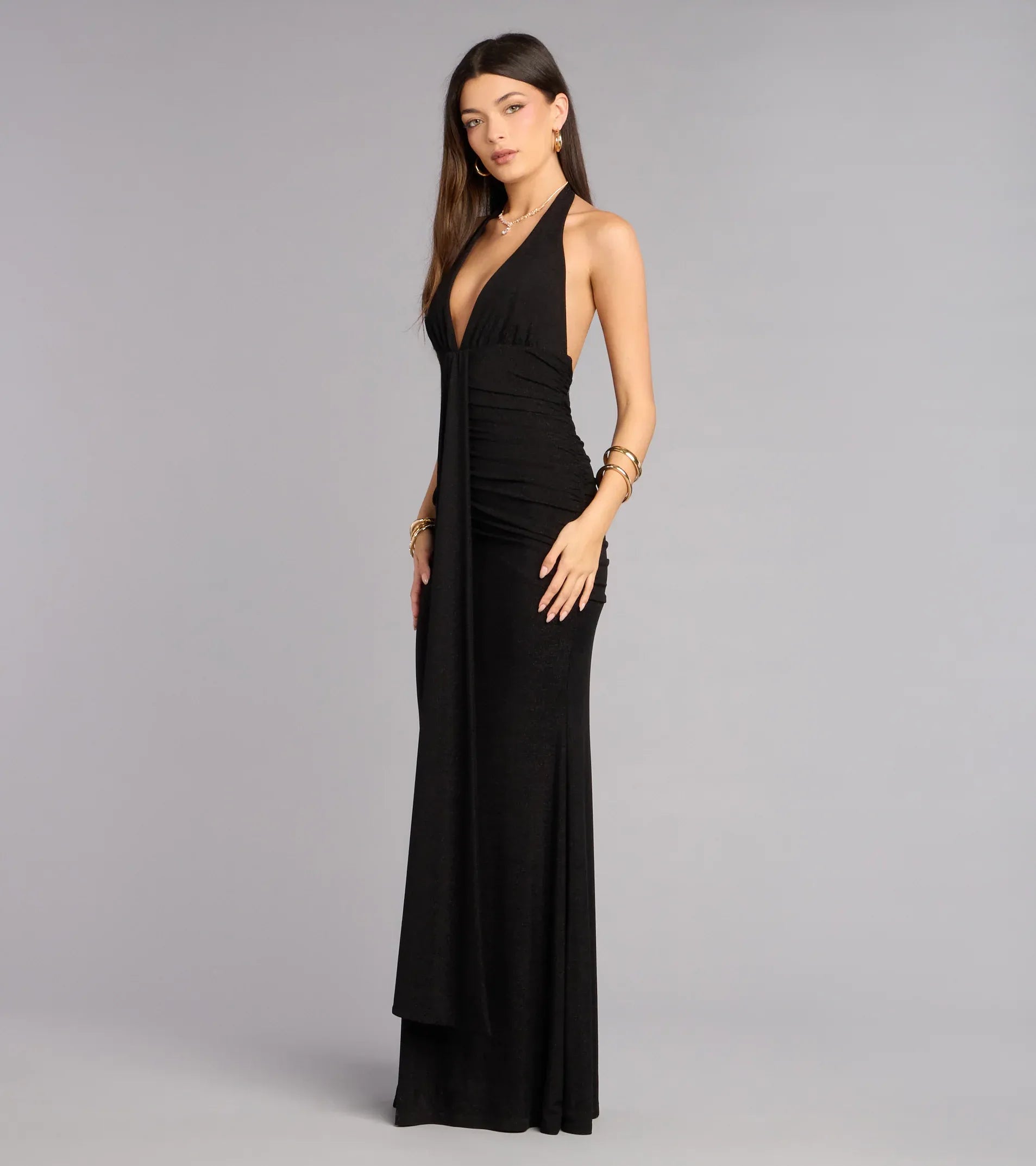 Black Halter Deep V-Neck Ruched Front Tie Mermaid Maxi Wedding Guest Dresses