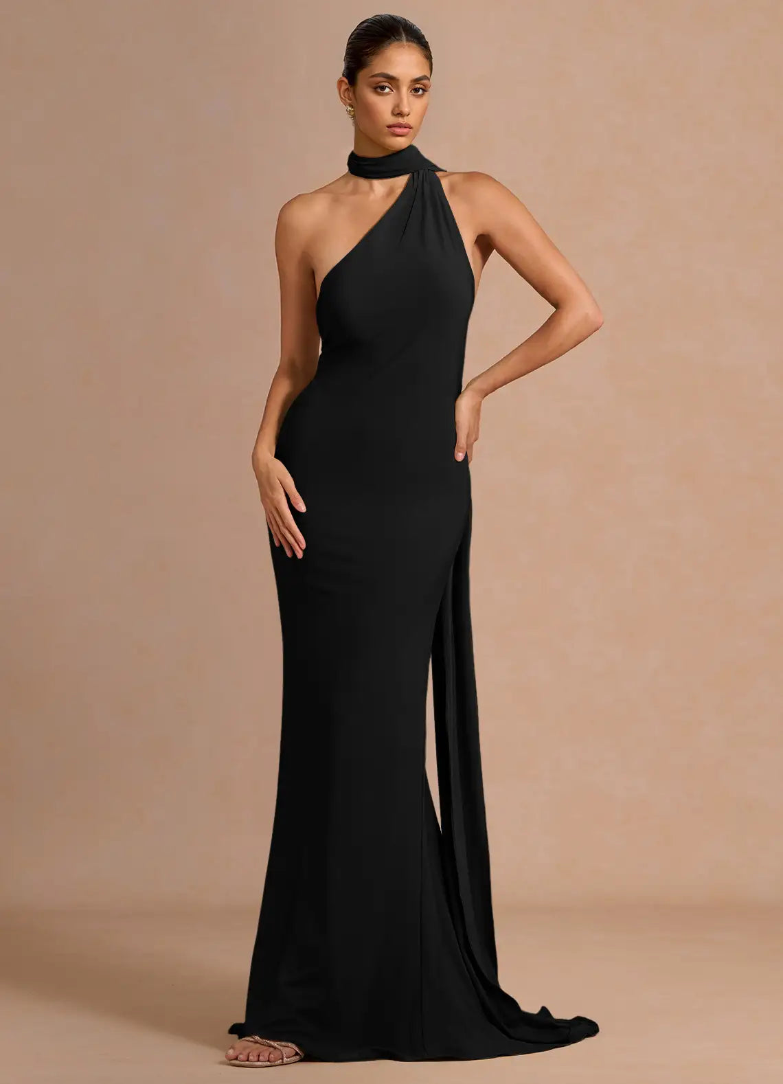 Black Halter One Shoulder Back Ruched Sash Mermaid Maxi Formal Dress