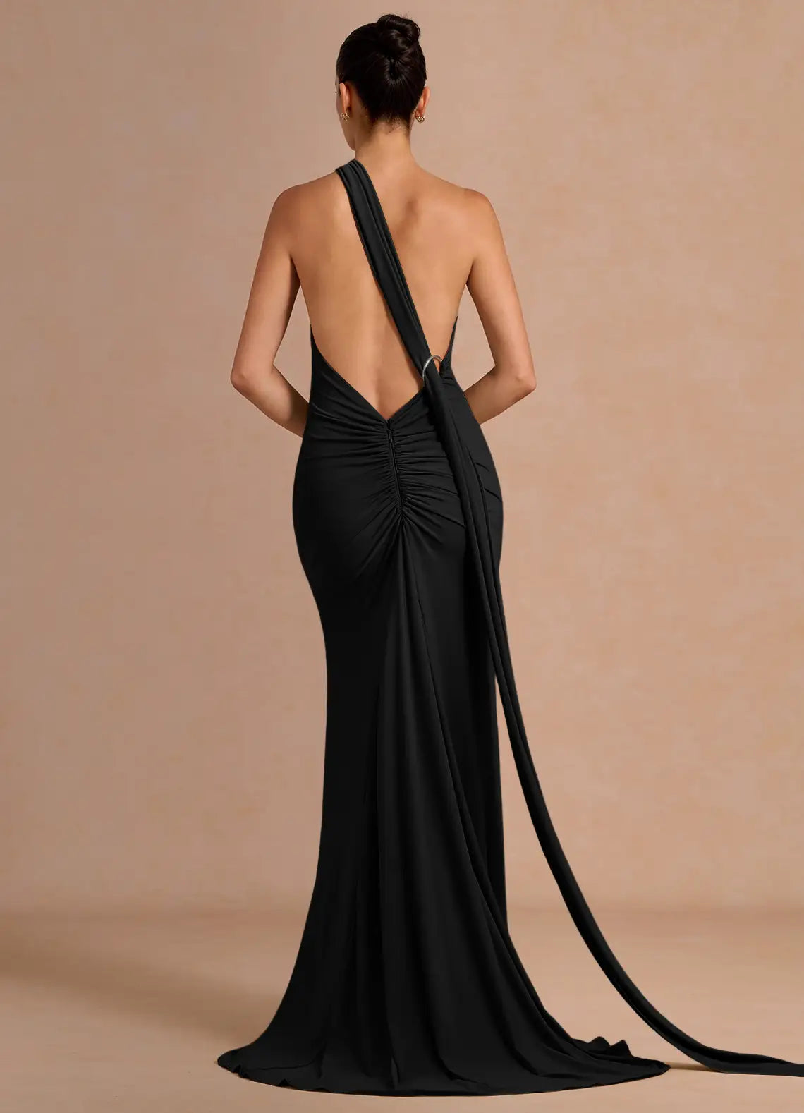 Black Halter One Shoulder Back Ruched Sash Mermaid Maxi Formal Dress