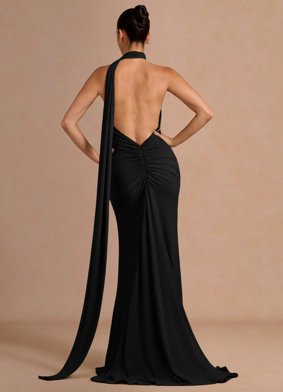 Black Halter One Shoulder Back Ruched Sash Mermaid Maxi Formal Dress