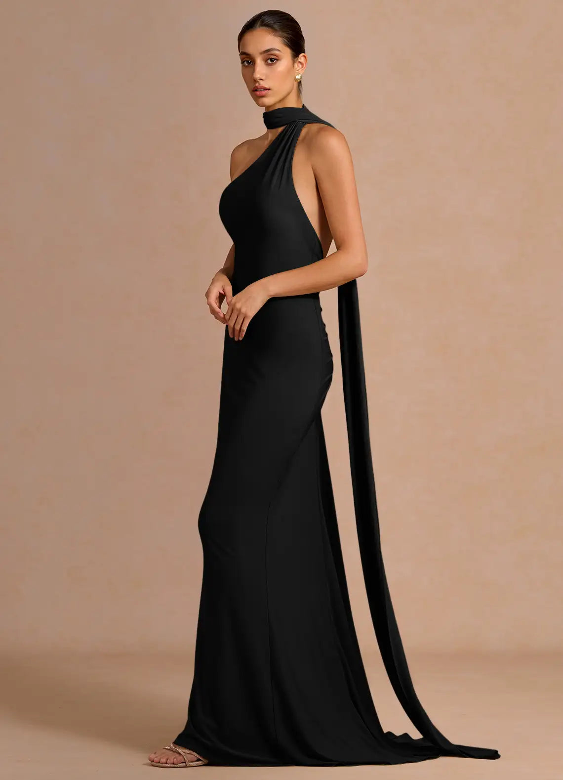 Black Halter One Shoulder Back Ruched Sash Mermaid Maxi Formal Dress
