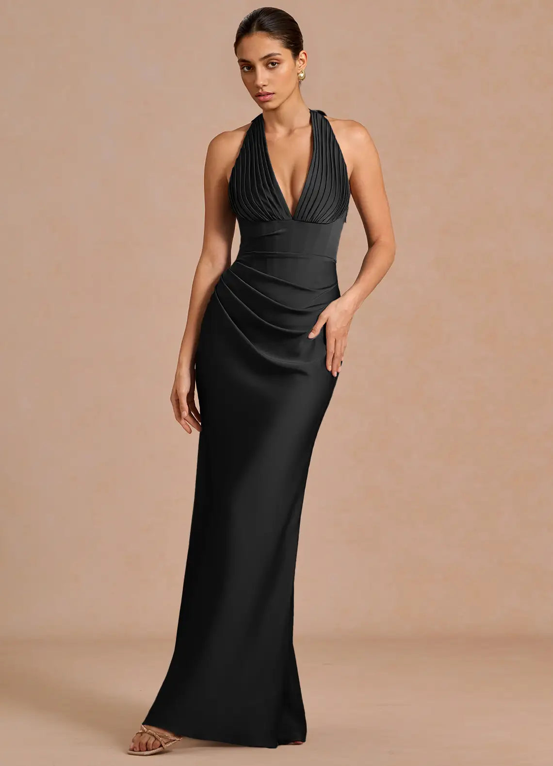 Black Halter Pleated Deep V Ruched Satin Mermaid Maxi Wedding Guest Dress