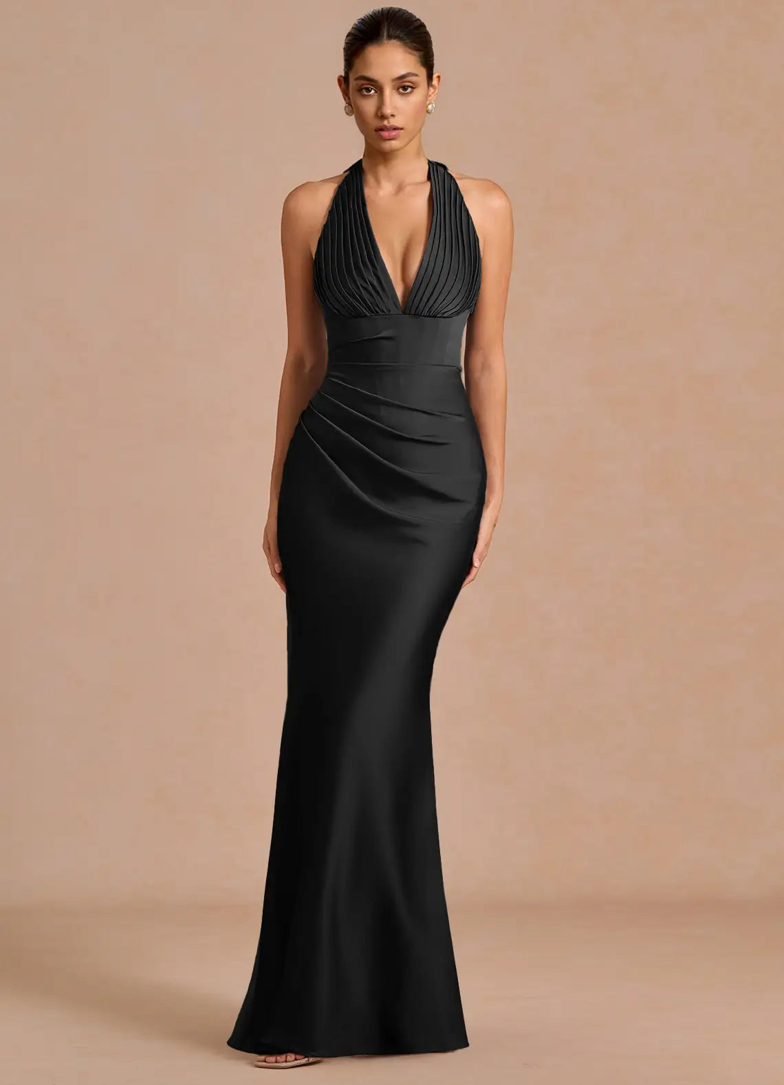 Black Halter Pleated Deep V Ruched Satin Mermaid Maxi Wedding Guest Dress