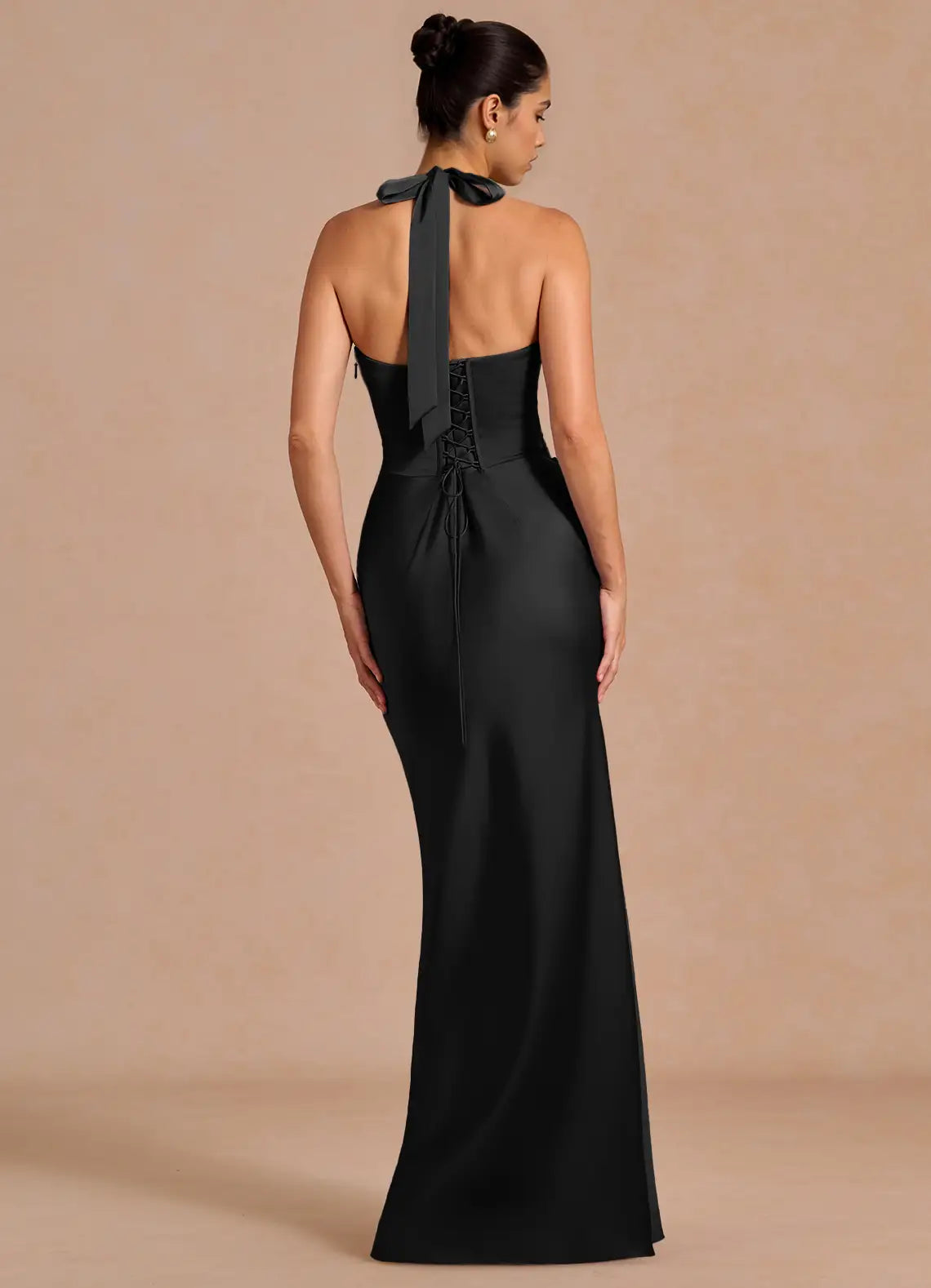 Black Halter Pleated Deep V Ruched Satin Mermaid Maxi Wedding Guest Dress