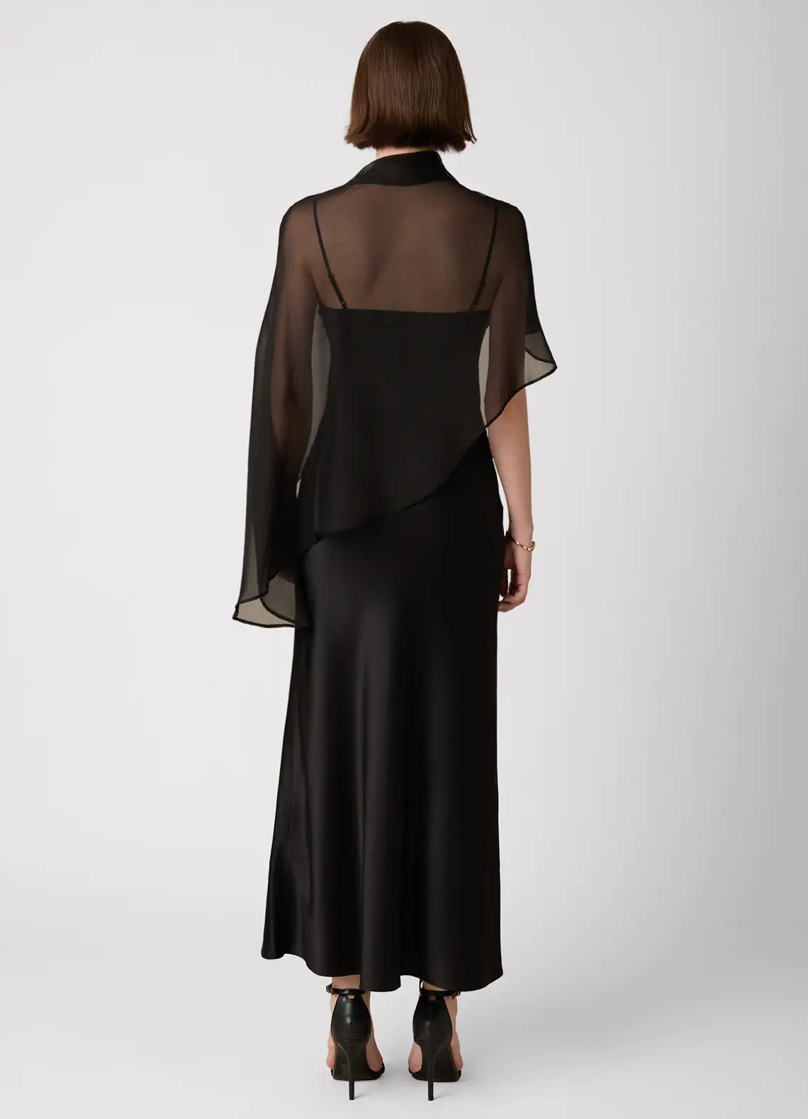 Black High Neck Sheer Chiffon Cape Spaghetti Strap Midi Satin Wedding Guest Dress