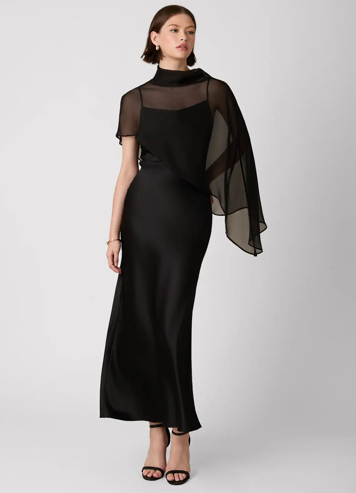 Black High Neck Sheer Chiffon Cape Spaghetti Strap Midi Satin Wedding Guest Dress