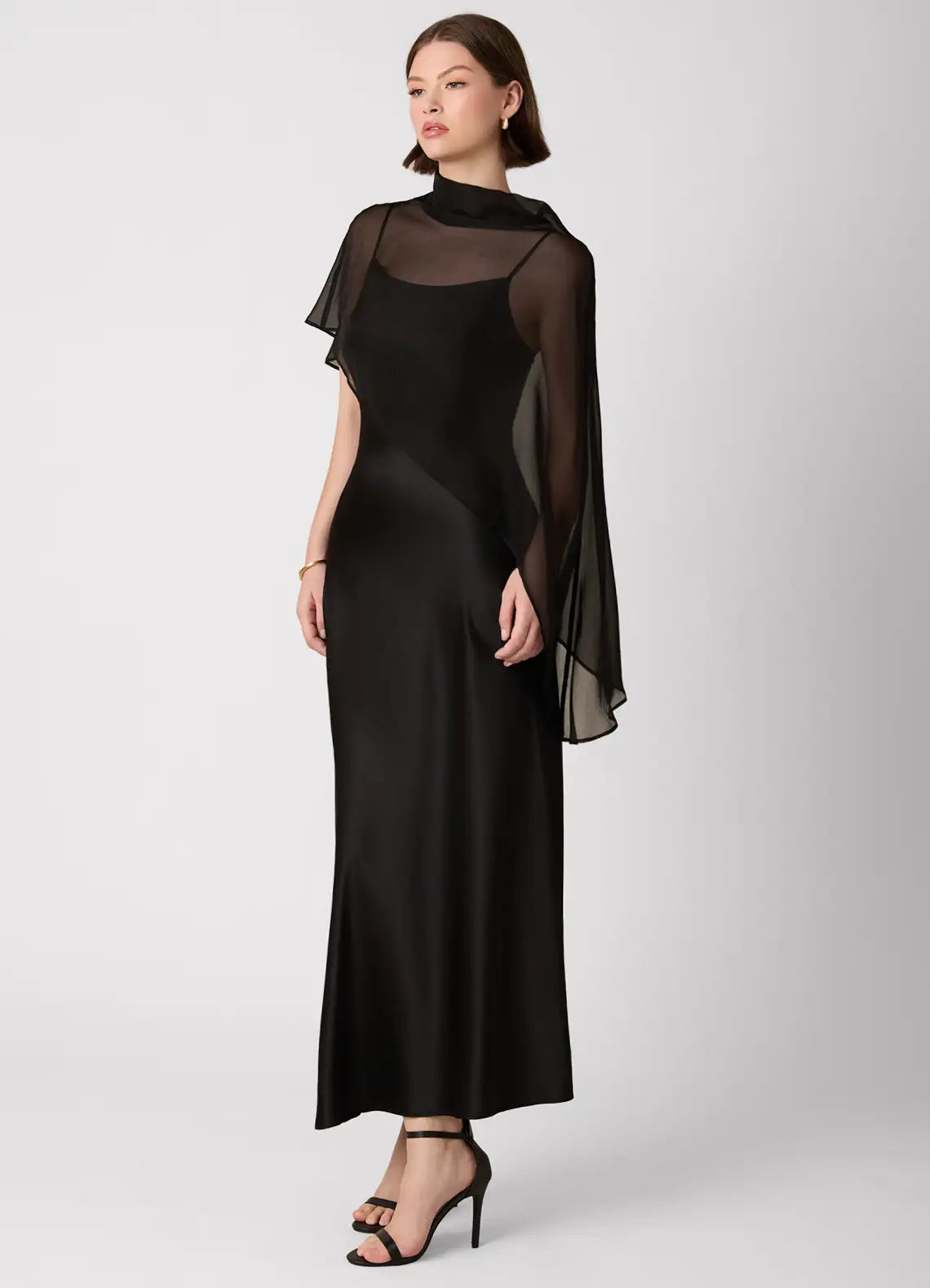 Black High Neck Sheer Chiffon Cape Spaghetti Strap Midi Satin Wedding Guest Dress