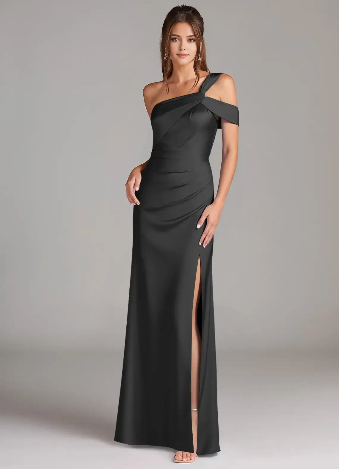 Black Mermaid Asymmetrical One-Shoulder Open-Back Slit Maxi Bridesmaid Dress