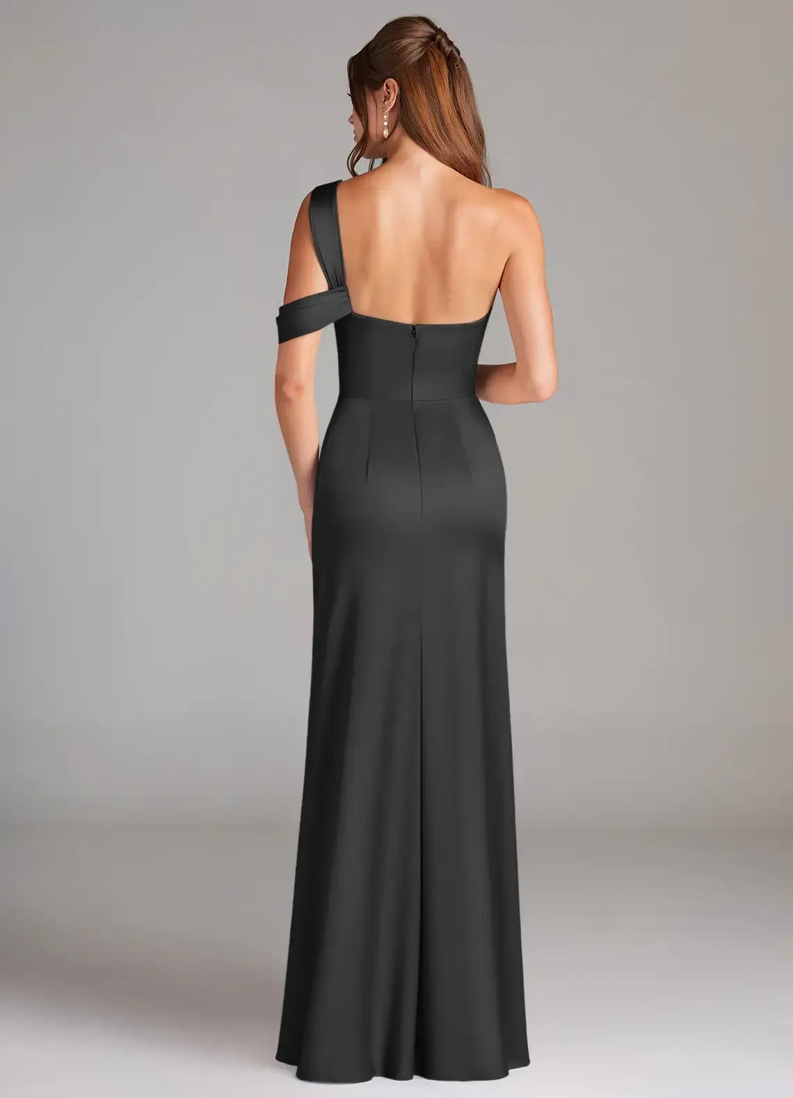 Black Mermaid Asymmetrical One-Shoulder Open-Back Slit Maxi Bridesmaid Dress