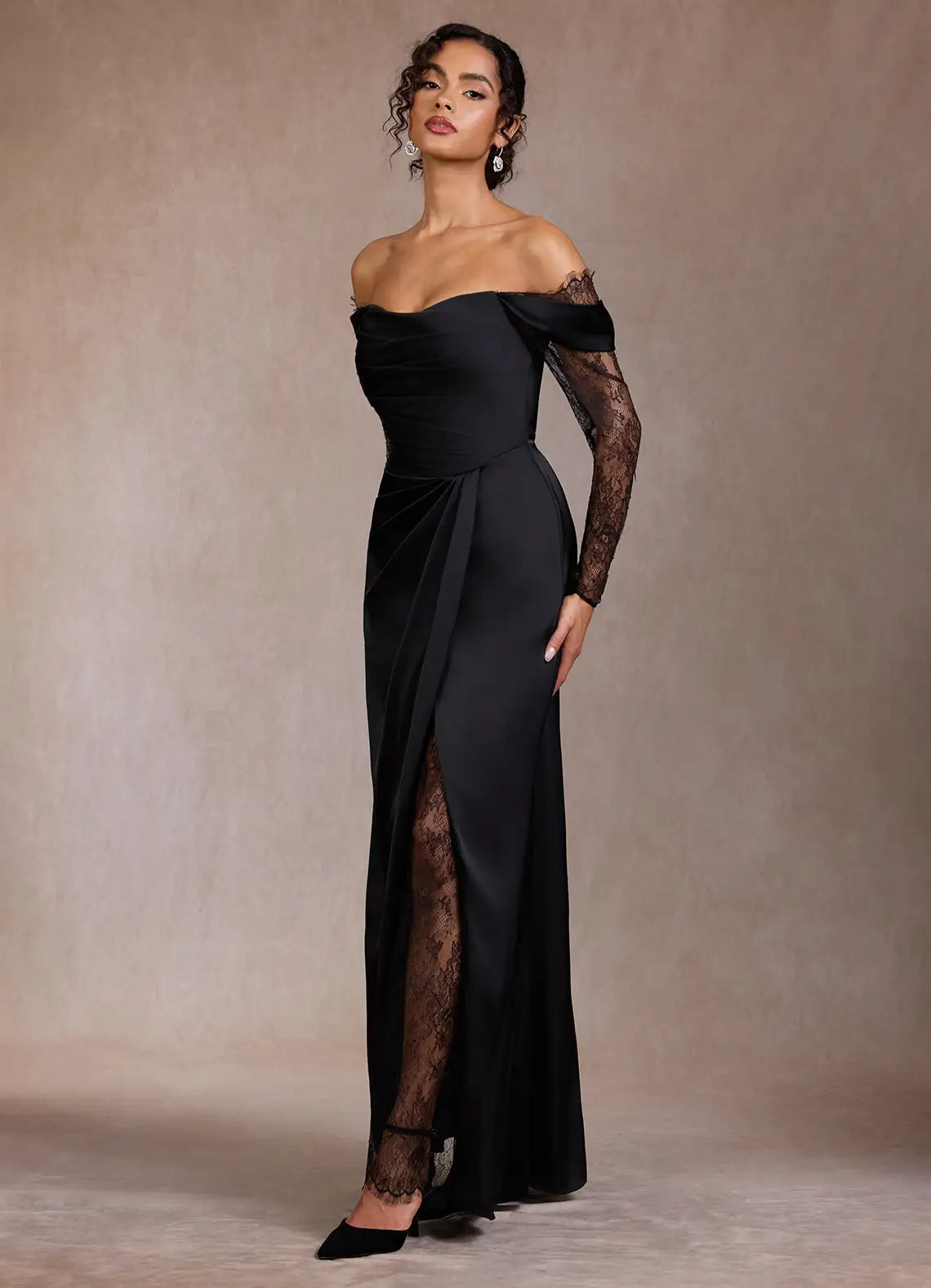 Black Off Shoulder Lace Sleeve Ruched Wrap Slit Satin Maxi Wedding Guest Dress