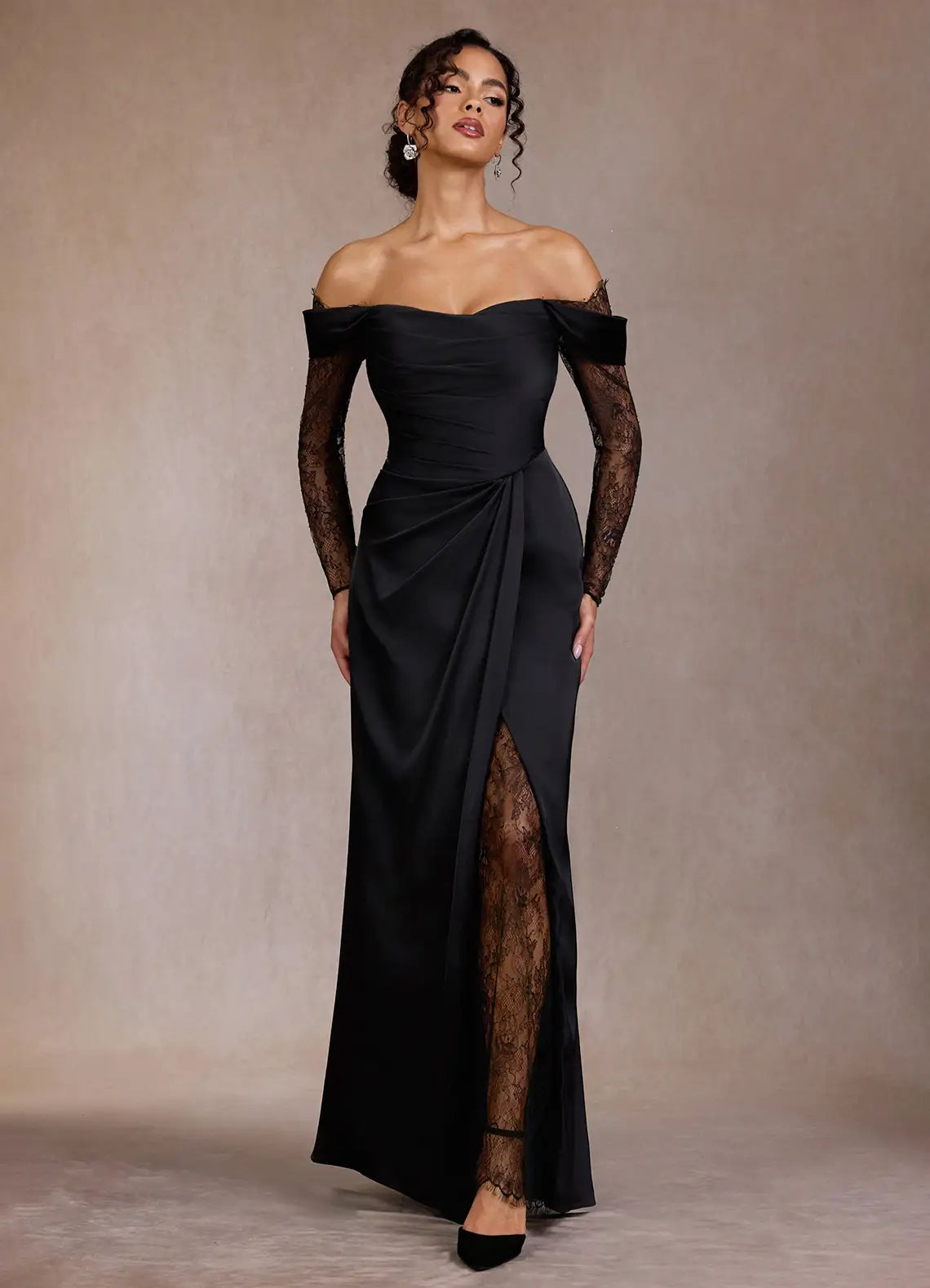 Black Off Shoulder Lace Sleeve Ruched Wrap Slit Satin Maxi Wedding Guest Dress