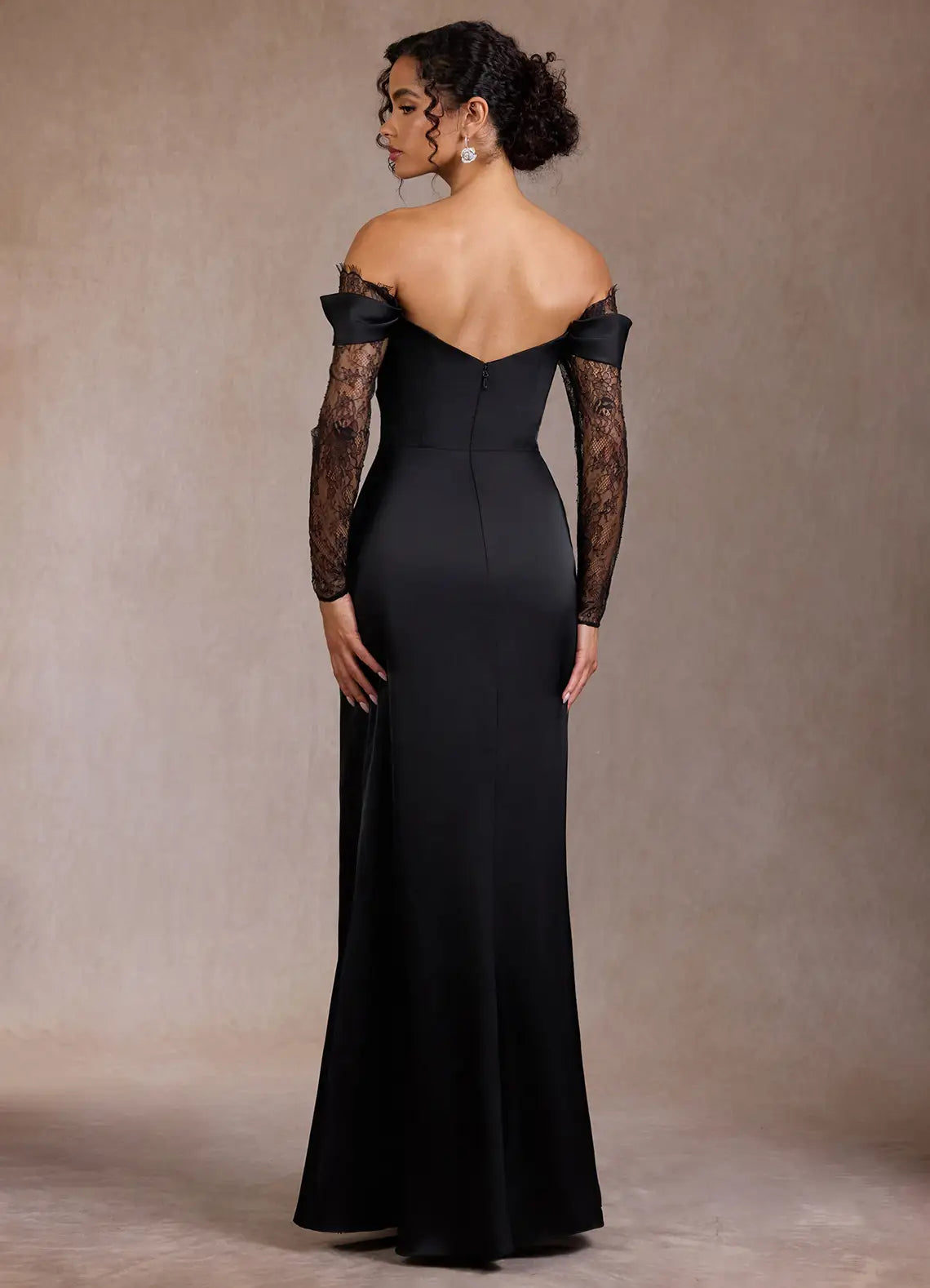Black Off Shoulder Lace Sleeve Ruched Wrap Slit Satin Maxi Wedding Guest Dress