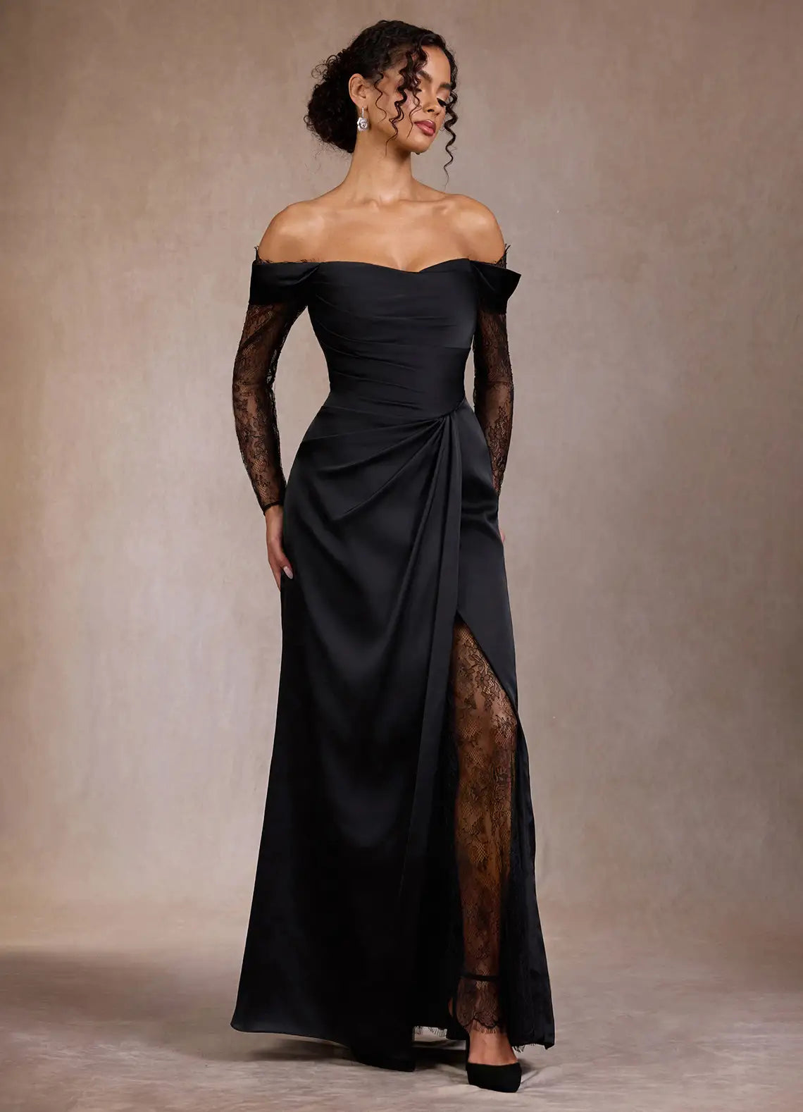 Black Off Shoulder Lace Sleeve Ruched Wrap Slit Satin Maxi Wedding Guest Dress