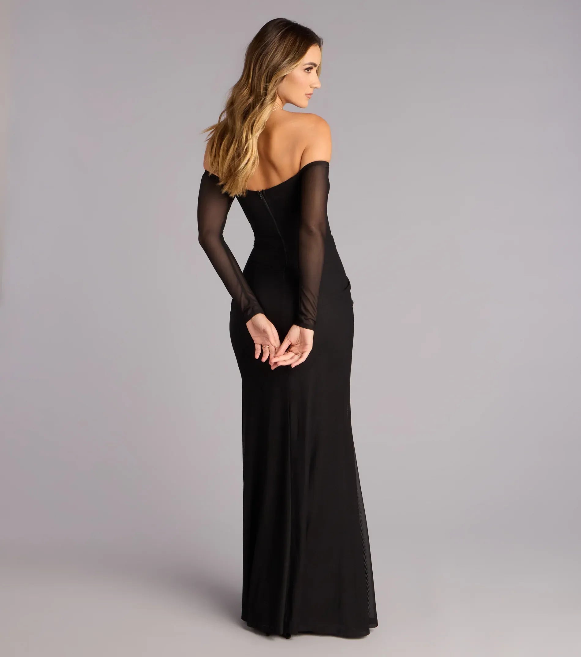 Black Off Shoulder Mesh Sleeve Corset Slit Mermaid Maxi Wedding Guest Dress