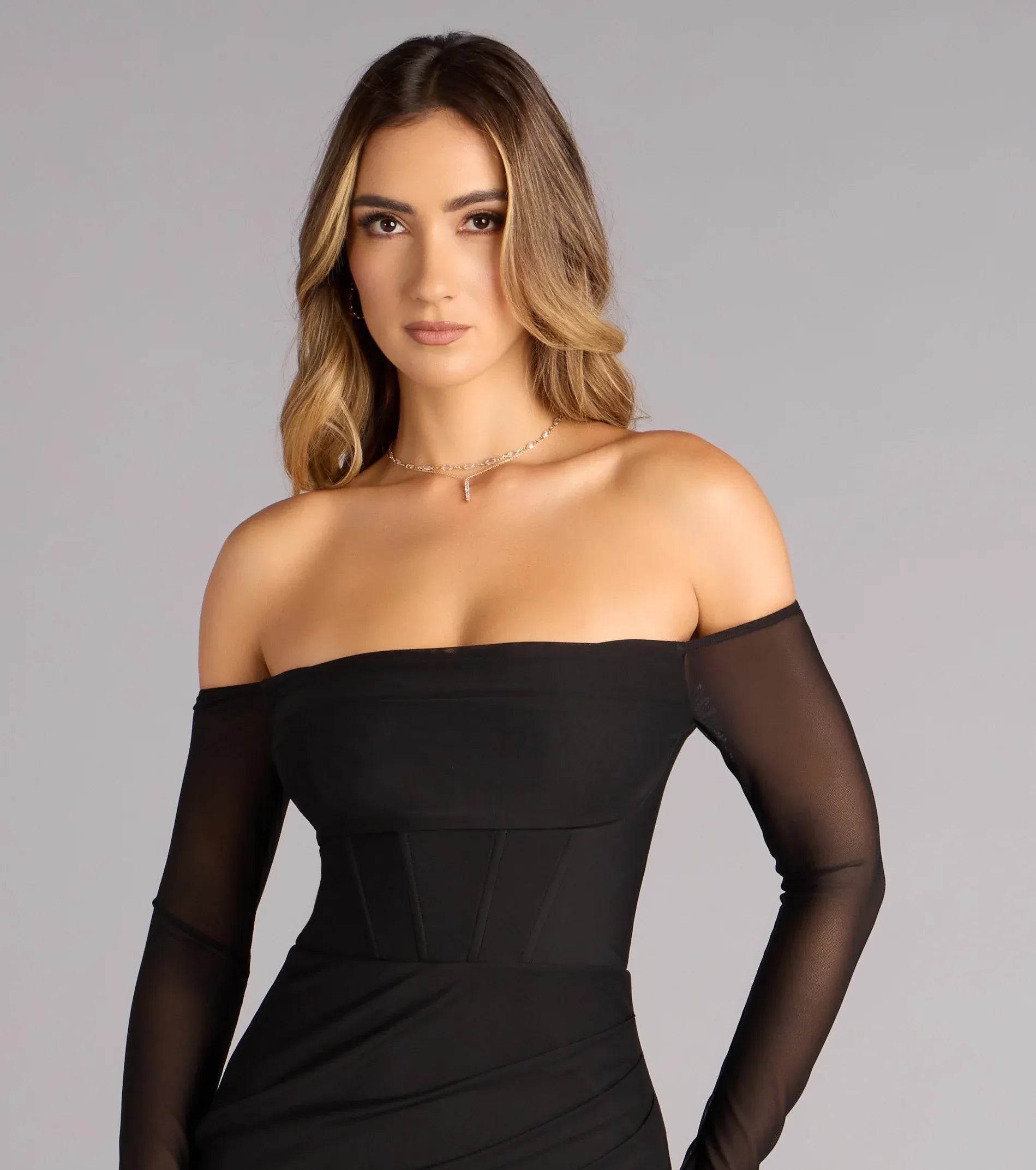 Black Off Shoulder Mesh Sleeve Corset Slit Mermaid Maxi Wedding Guest Dress