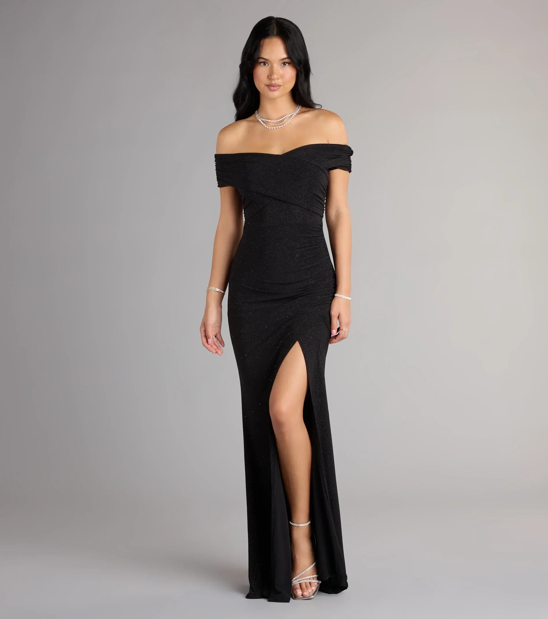 Black Off Shoulder Wrap Ruched High Slit Glitter Mermaid Maxi Wedding Guest Dress