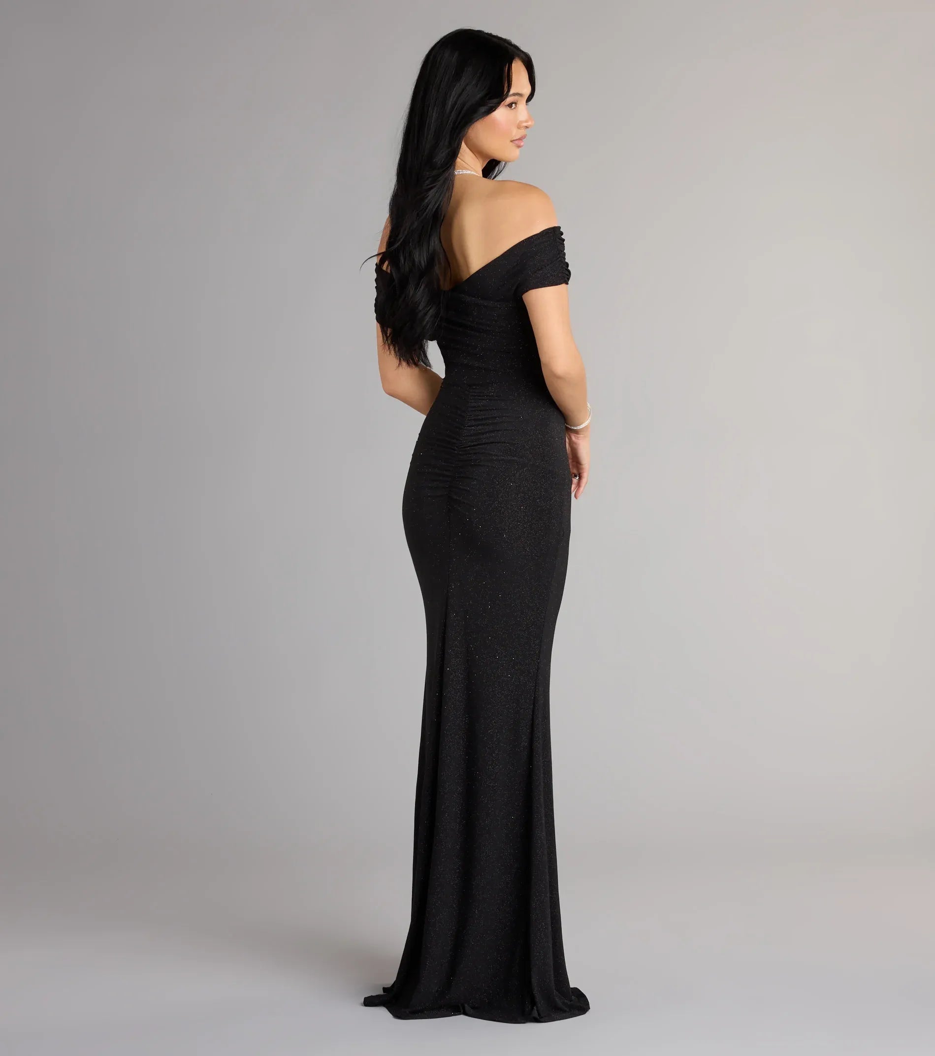 Black Off Shoulder Wrap Ruched High Slit Glitter Mermaid Maxi Wedding Guest Dress