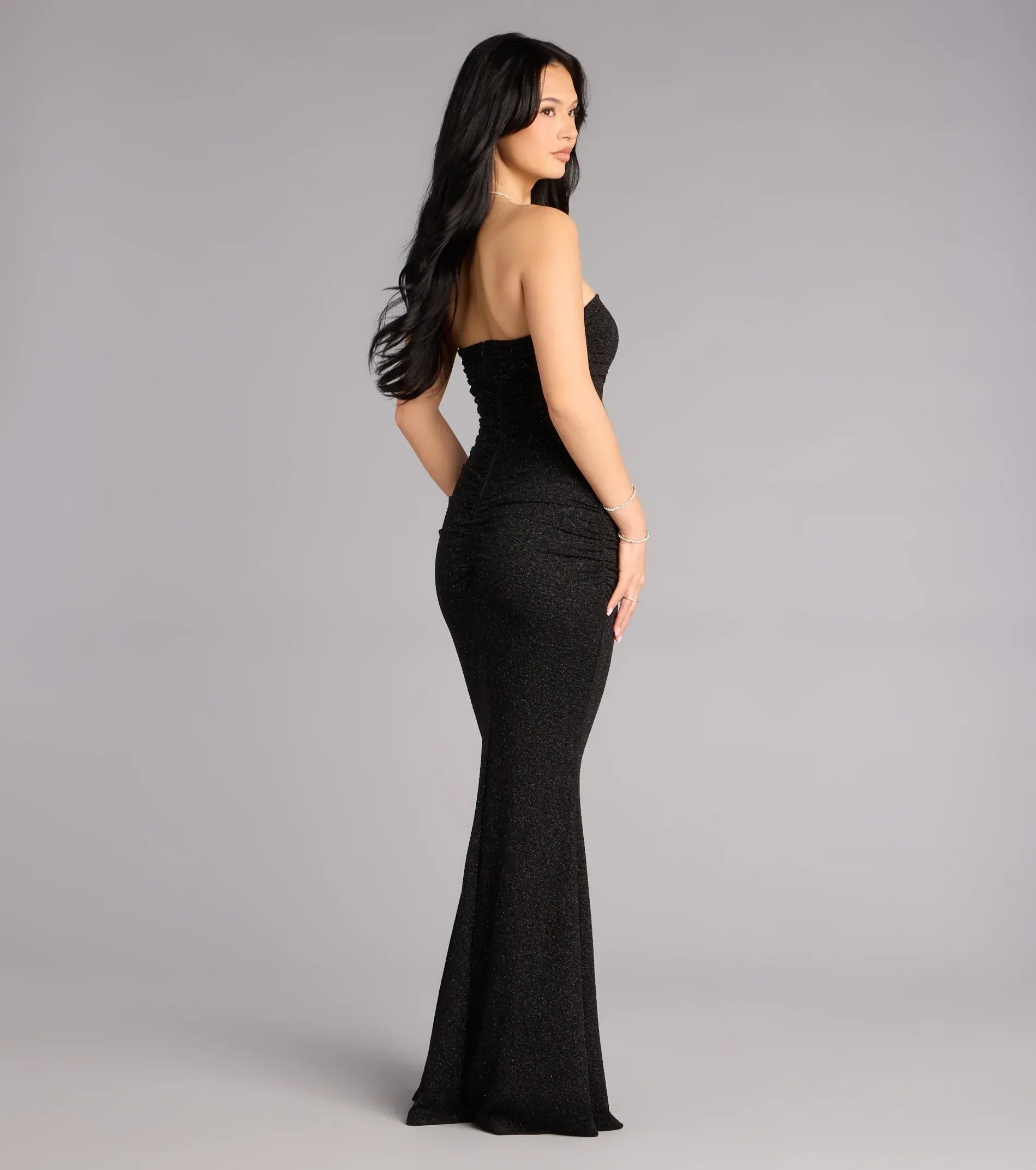 Black Off Shoulder Wrap Ruched High Slit Glitter Mermaid Maxi Wedding Guest Dress